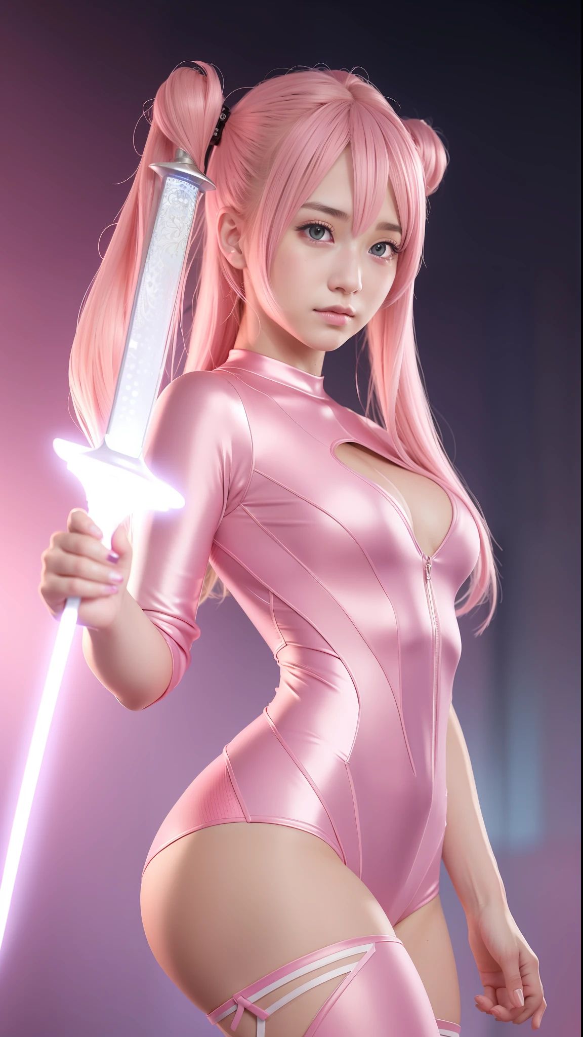 ulzzang-6500-v1.1,(Raw Photos:1.2),((Photorealistic:1.4)),Top Quality,Masterpiece, Illustration, Very delicate and beautiful, Highly detailed CG ,Unity,8k wallpaper, amazing, fine details, official art,highly detailed CG Unity 8k wallpaper,absurd, incredibly absurd, huge file size, ultra detail, high resolution, Beautiful Detailed Girl, Very Detailed Eyes and Face, Beautiful Detailed Eyes,Face Light,Movie Lighting,((Pink Tight Suit Clothes)),1 Girl,Full Body,Full Body Shot,Watch Viewer,(((Light Pink Hair)))、Red Eyes,((bliss)), Most Detailed Background, ((Cosplay)), (Smile), Twintails,((Has a Longsword))),14 years old