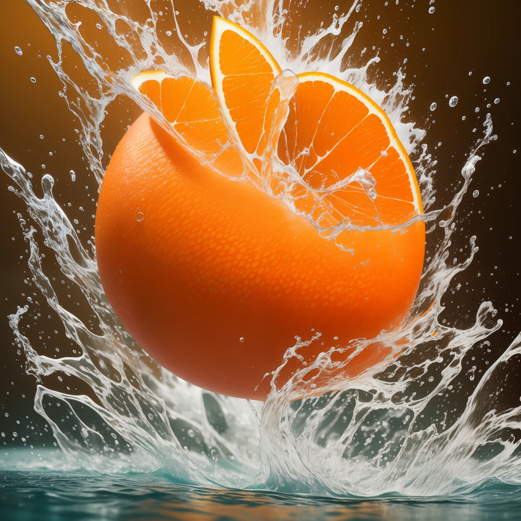 fresh orange seamless background, dropped in the water, splash water. shot using a leica camera, iso 200. high-end retouching. award winning photography. advertising photography. commercial photography. food magazine photography.clean sharp focus. soft shadows. professional color grading. --ar 2:1 --s 500 --uplight --v 5