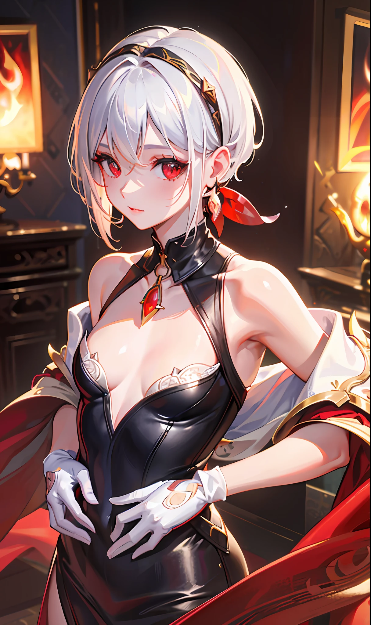 (Masterpiece, Side Light, Fine Beautiful Eyes: 1.2), (Masterpiece * Portrait), Portrait, (Bust), Realistic, Anatomically Correct, 3D Face, Sweet Skin, (Solo), (Close-up of Face), (Fire Opal General Scarlet Eyes), Hanging Corner of the Eye, ((High Detail Skin, Visible Pores)), (Perfect Figure), A Beautiful Girl, Small Breasts, ((Scottish Style Clothing)), (Neck Ring), Very, Very Short Gloves