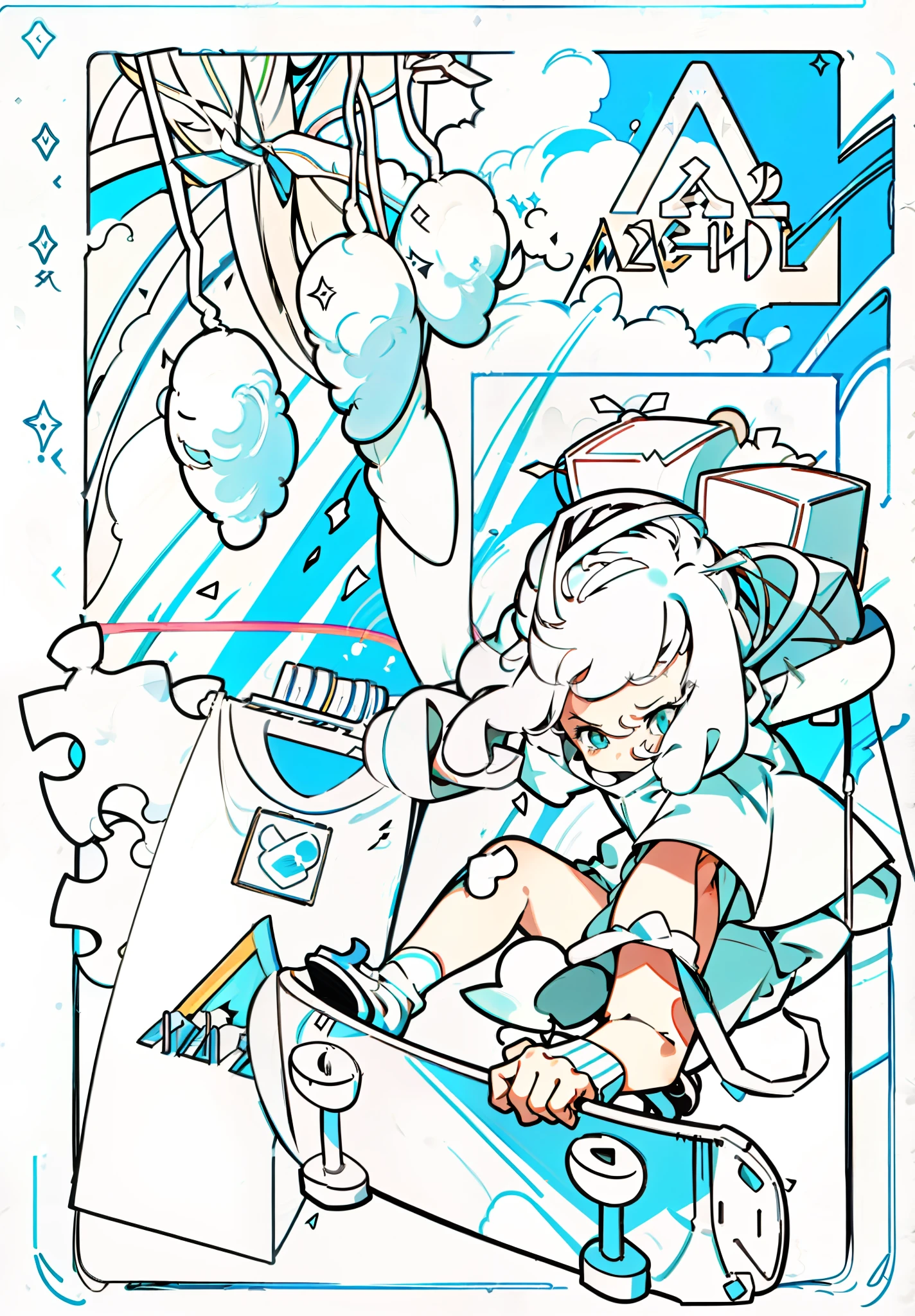 coloring page of a girl with a skateboard and a kite, color page, bold lineart, [ conceptual art ]!!, comic page, clean lineart, clean anime outlines, comic artstyle, lineart, thick lineart, comic art ”, 2d art cover, crisp 8 k line art, clean lineart and flat color, sketchy artstyle, zine cover