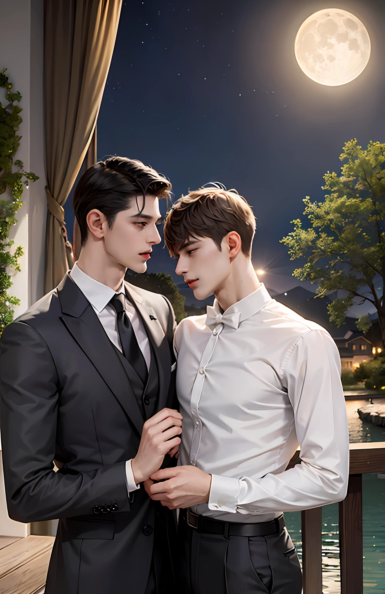 Masterpiece, top quality, two men, adult, in a suit, kiss on the neck, tall muscles, handsome and delicate eyes, intricate details, clear water, moonlit night, smile, aesthetic, romantic, dreamy