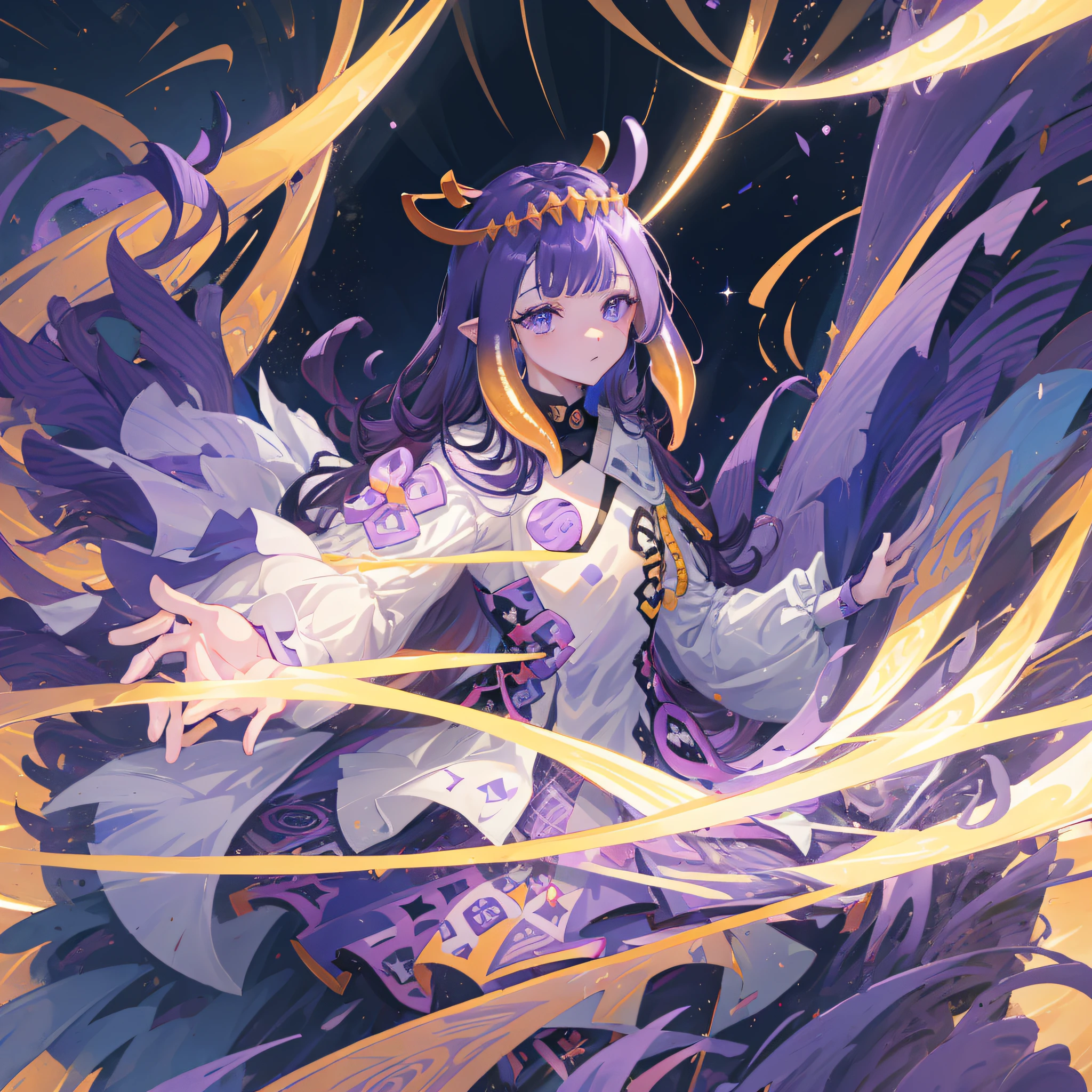 (人物: Ninomae Ina'Nis), {purple hair}, tentacle hair, purple eyes, a golden headgear(a golden tiara), {{masterpiece}}, best quality, extremely detailed CG unity 8k wallpaper, cinematic lighting, lens flare, beautiful detail eyes, side glance, colorful light, particles, a girl, solo,