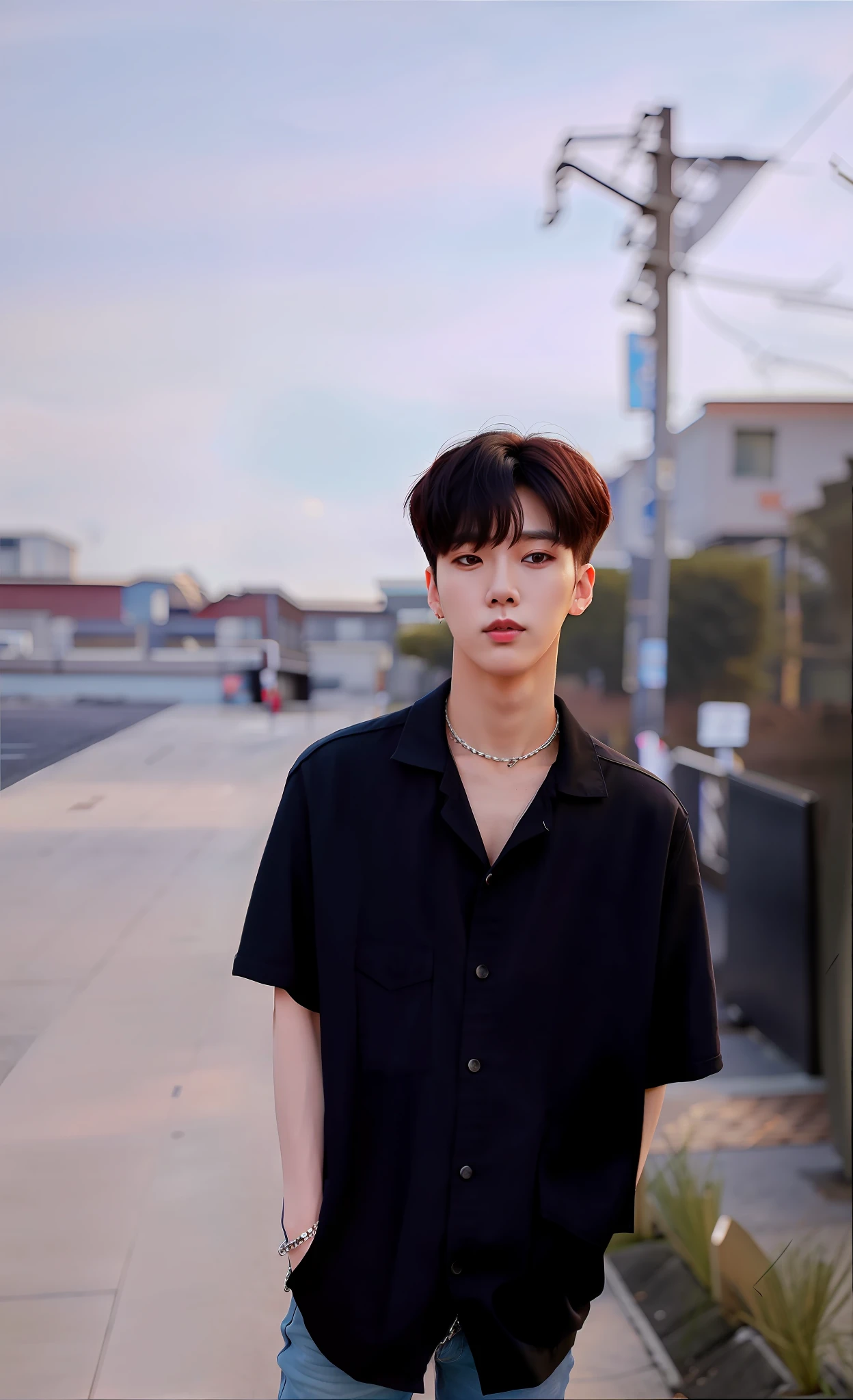 there is a man standing on the sidewalk with his hands in his pockets, kim doyoung, with short hair, male ulzzang, thawan duchanee, inspired by jeonseok lee, from 8 k matte, hyung tae, headshot profile picture, smooth in _ the background, profile pic, nivanh chanthara, high quality portrait
