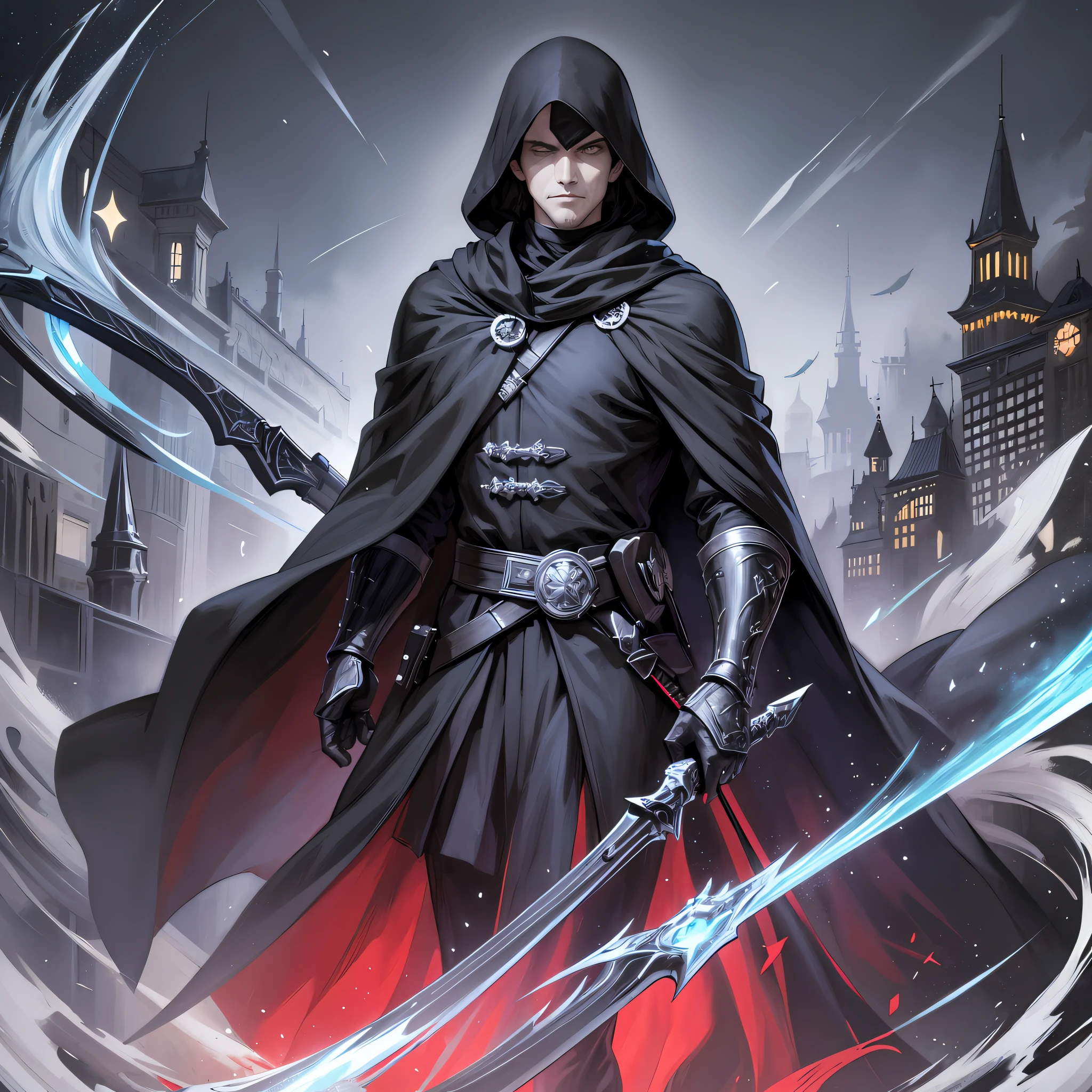 Arafard Figure, a man in a cloak and cloak holding a scythe, Steel Inquisitor from Misterborn, Artgerm and Ilya Kushinov, stylized urban fantasy artwork, Raymond Swan land's style, swordsman, fantasy card game art, young shadow mage male, ominous assassin, assassin, art germ Greg Rutkowski _ Greg, face is a black hole