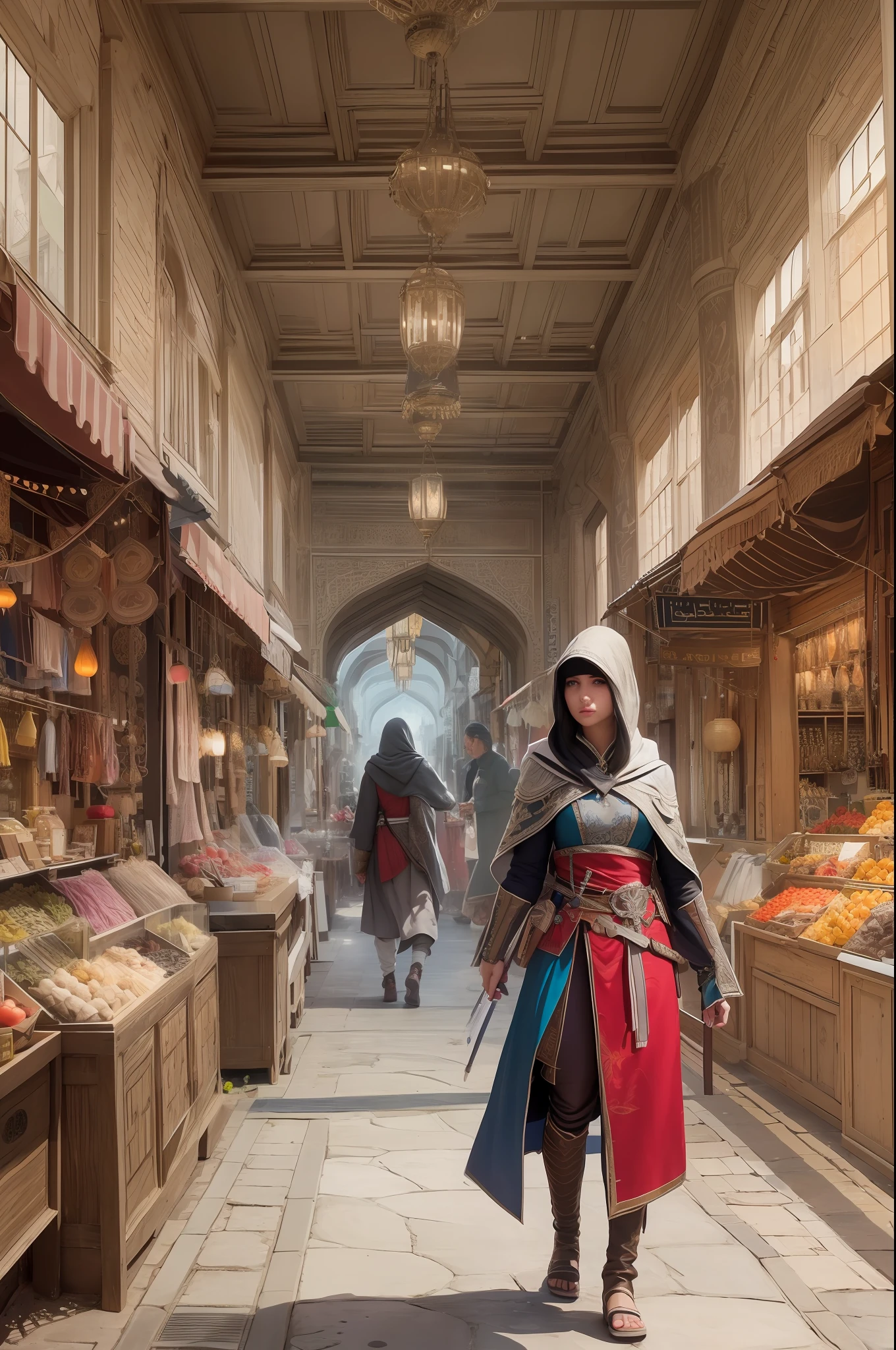 Create a stunning Assassin’s Creed Concept Art piece in the style of ultra-realistic, ultra-detailed visuals. Depict a young and graceful girl wearing traditional Persian clothing, complete with a hood, as she navigates through the vibrant bazaar of a bustling Persian town. Capture the intricate details of the architecture, the rich textures of the fabrics, and the vivid colors of the market stalls, transporting viewers to a vivid and immersive world