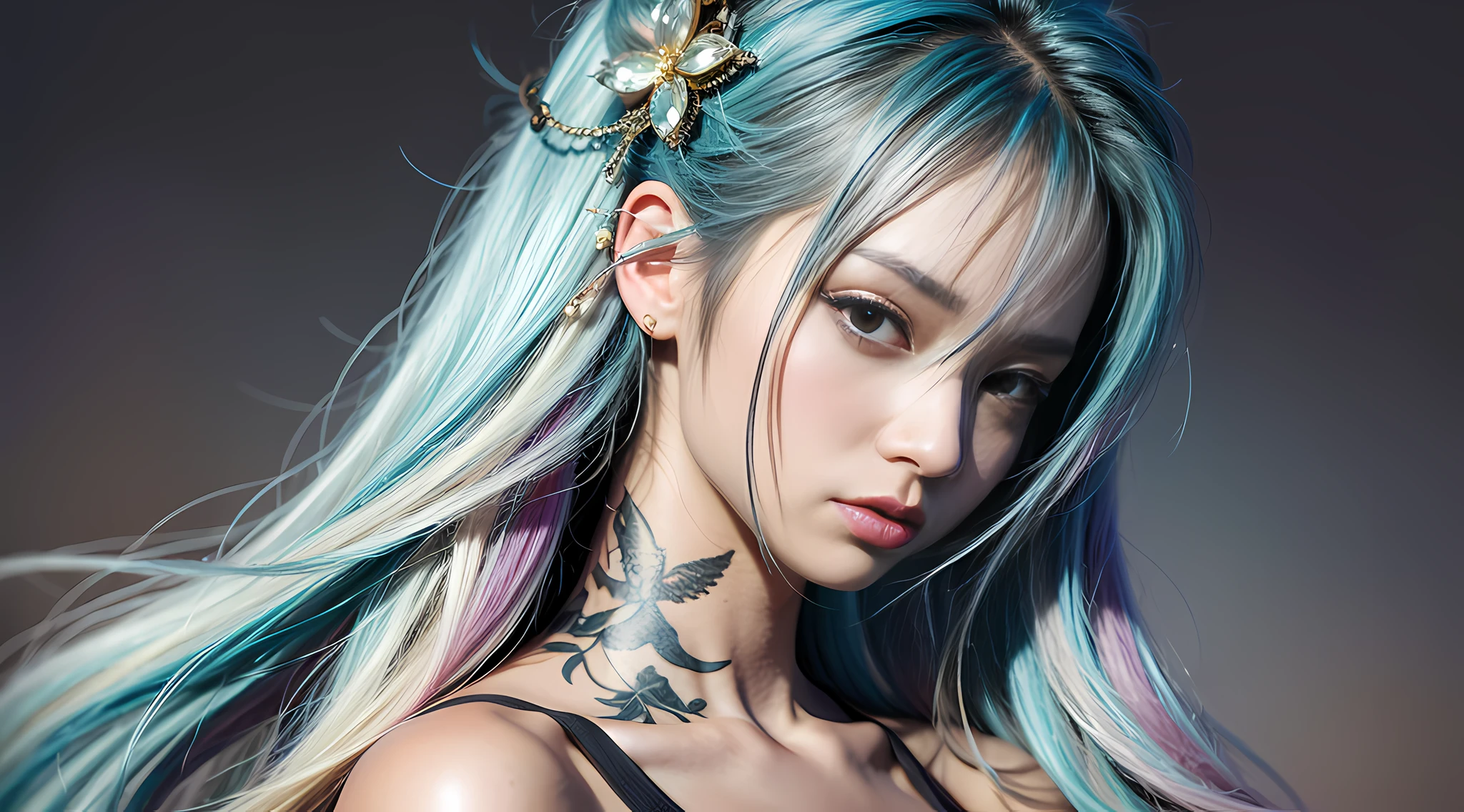 Ultra HD 2D art, full of real warmth in 2D animation style, close-up (1 woman), hair dyed light blue beauty, in addition to tattoos delicately depicted on the whole body, the light of the horizon in the landscape mode, will remind you of CGSCOSITY's tattoo expert designs, there are some masterpieces like Guweiz and James Jean, a beautiful girl, fashionable, sexy, with her life as a canvas, The realistic style that is widely respected in Japan's fashion and art circles is also a hot topic.