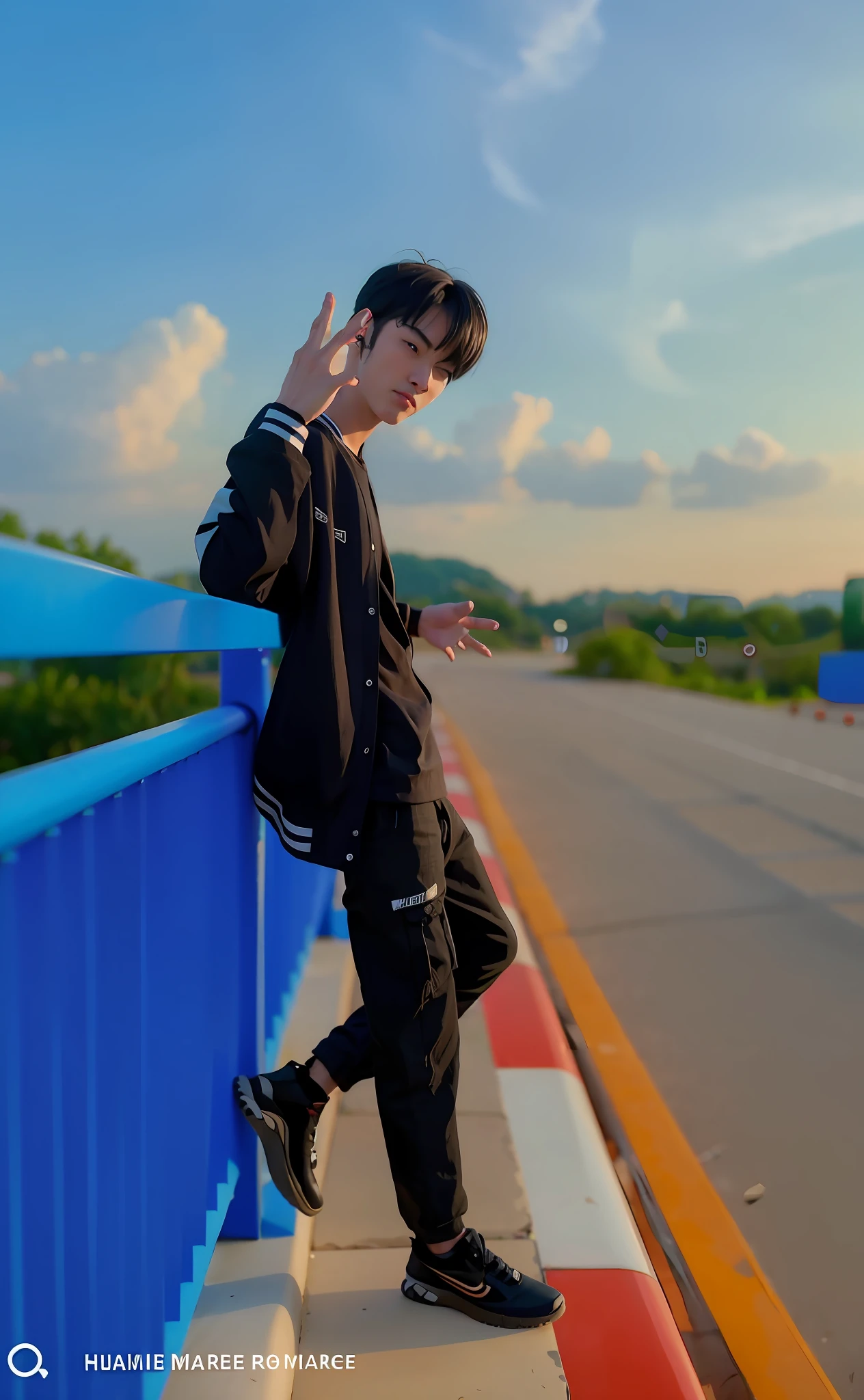 arafed man standing on a bridge with his hand up, cool pose, shooting pose, in the style of sifu 🔥 😎 🕹️ 👀 :2, handsome anime pose, really cool pose, casual pose, inspired by Gang Hui-an, very cool pose, from 8 k matte, stylish pose, cute pose, distorted pose, with a cool pose