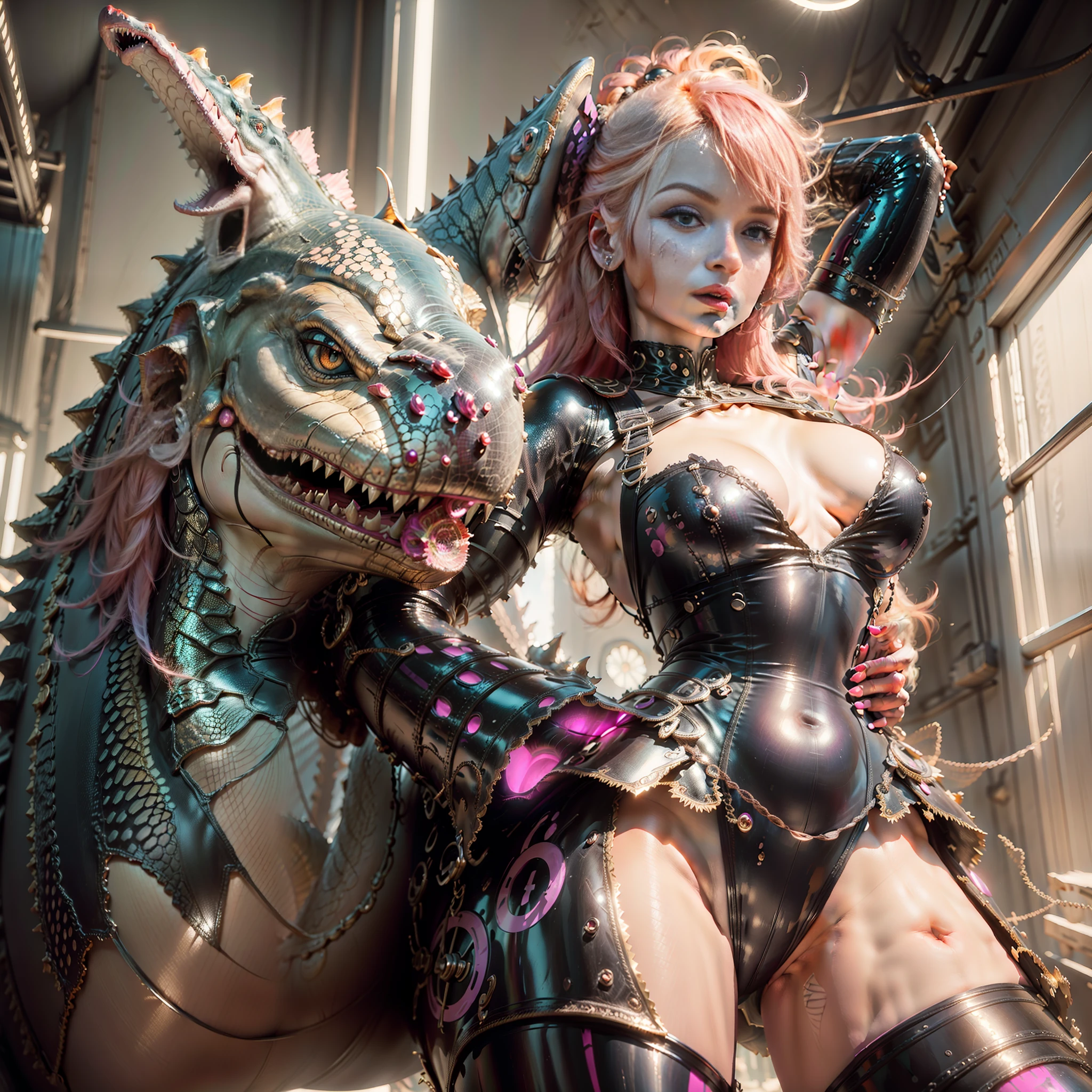 a gorgeous, breathtaking, breathtakingly beautiful girl saddled atop an enormous, massive, gargantuan prehistoric crocodile, the girl with pink hair,looking sultry, seductive, and sexy., scary, Clowncore, Lithography, Analog photography, Cinema4D rendering, Faded, Digital painting, hot pink magenta colors, Metal, soft lighting, realistic dramatic lighting 8k portrait fine details photorealism cinematic intricate details cinematic lighting photo realistic 8k
