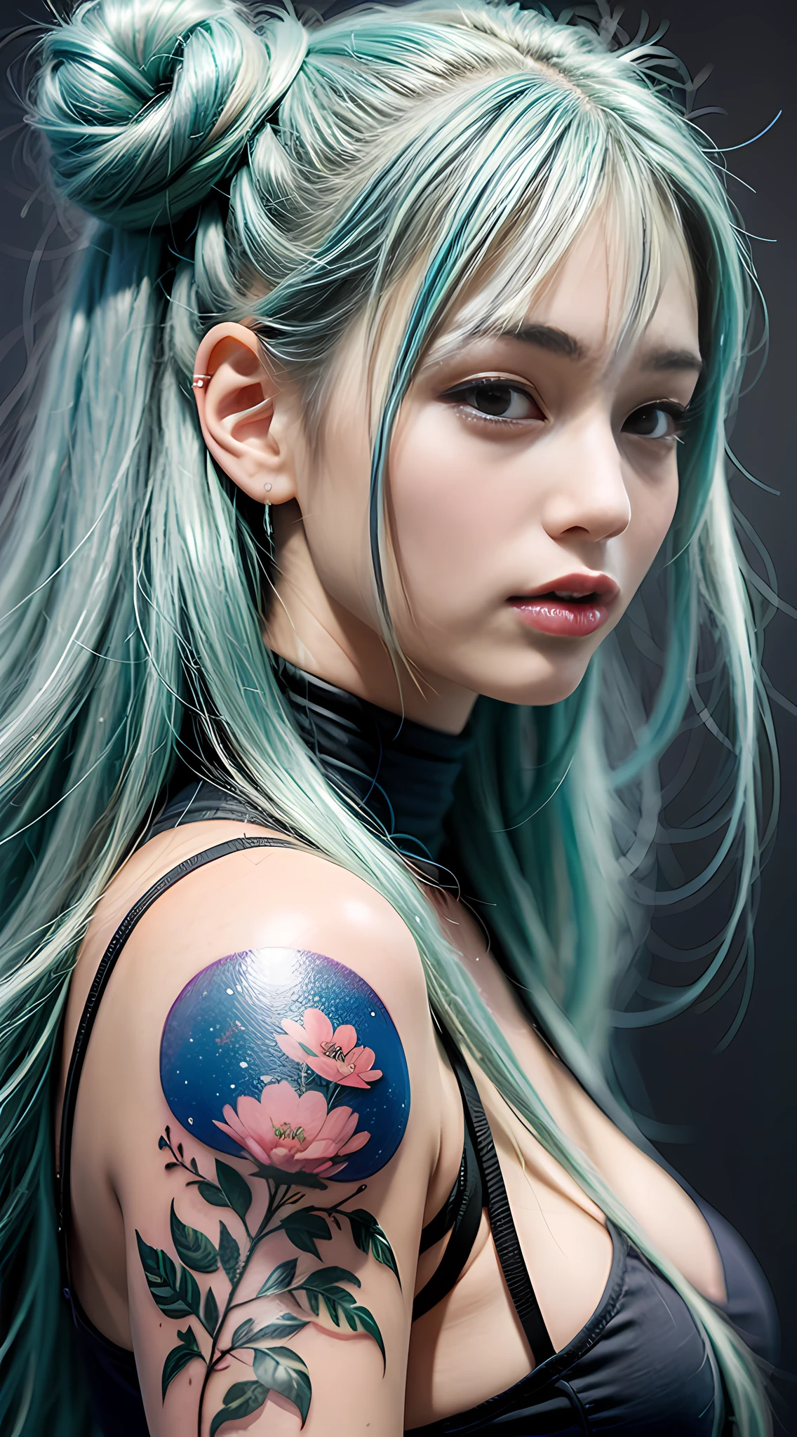 Ultra-high-definition 3D art, full of real warmth in 2D animation style, close-up (1 woman), hair dyed light blue beauty, in addition to tattoos delicately depicted on the whole body, the light of the horizon stacked in landscape mode, will remind you of CGSCOSITY's tattoo expert designs, there are some masterpieces like Guweiz and James Jean, a beautiful girl, fashionable, sexy, with her life as a canvas, The realistic style that is widely respected in Japan's fashion and art circles is also a hot topic.