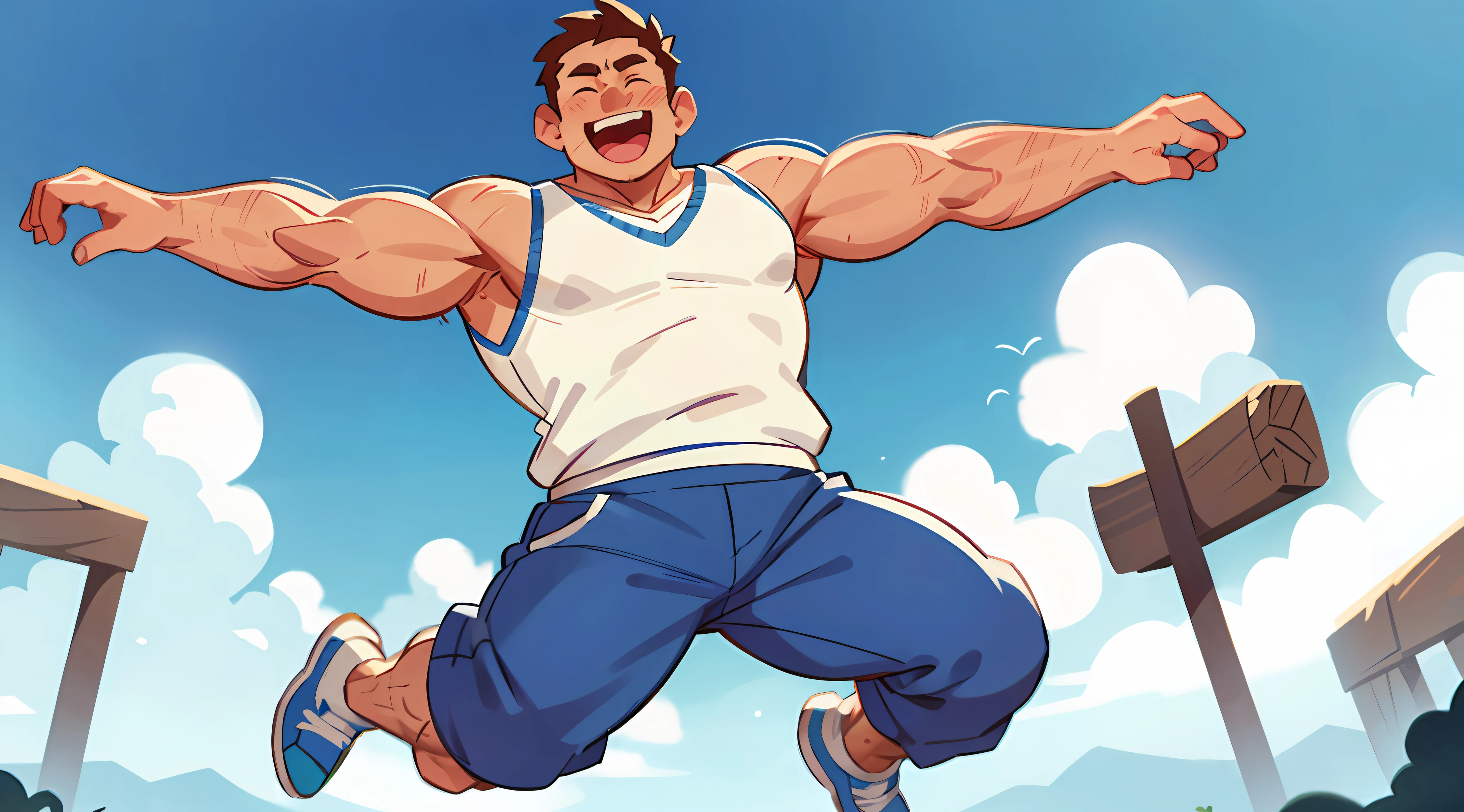 A 40-year-old uncle, muscular, wearing a white vest, blue trousers, happy, jumping up