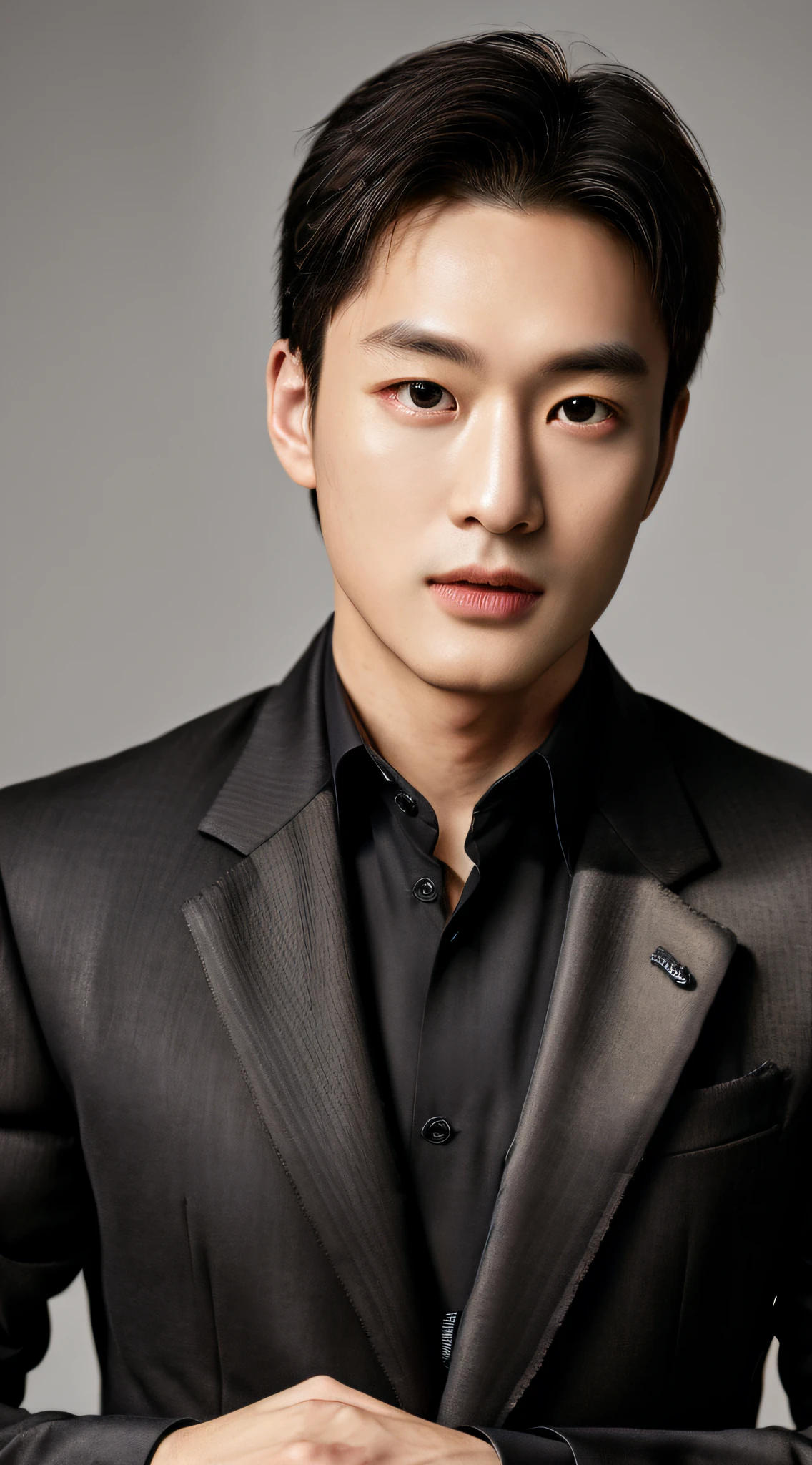 oppav3, (masterpiece, ultra quality, high resolution, 8k, intricate: 1.2), (detailed face:1.2), (wearing black suit:1.5), handsome, detailed skin, pores, absurdres, hunk, 1boy, male focus, ((realistic)), good lighting quality, muscle veins, ((pale skin)), flexing, balanced eyes, brown eyes,