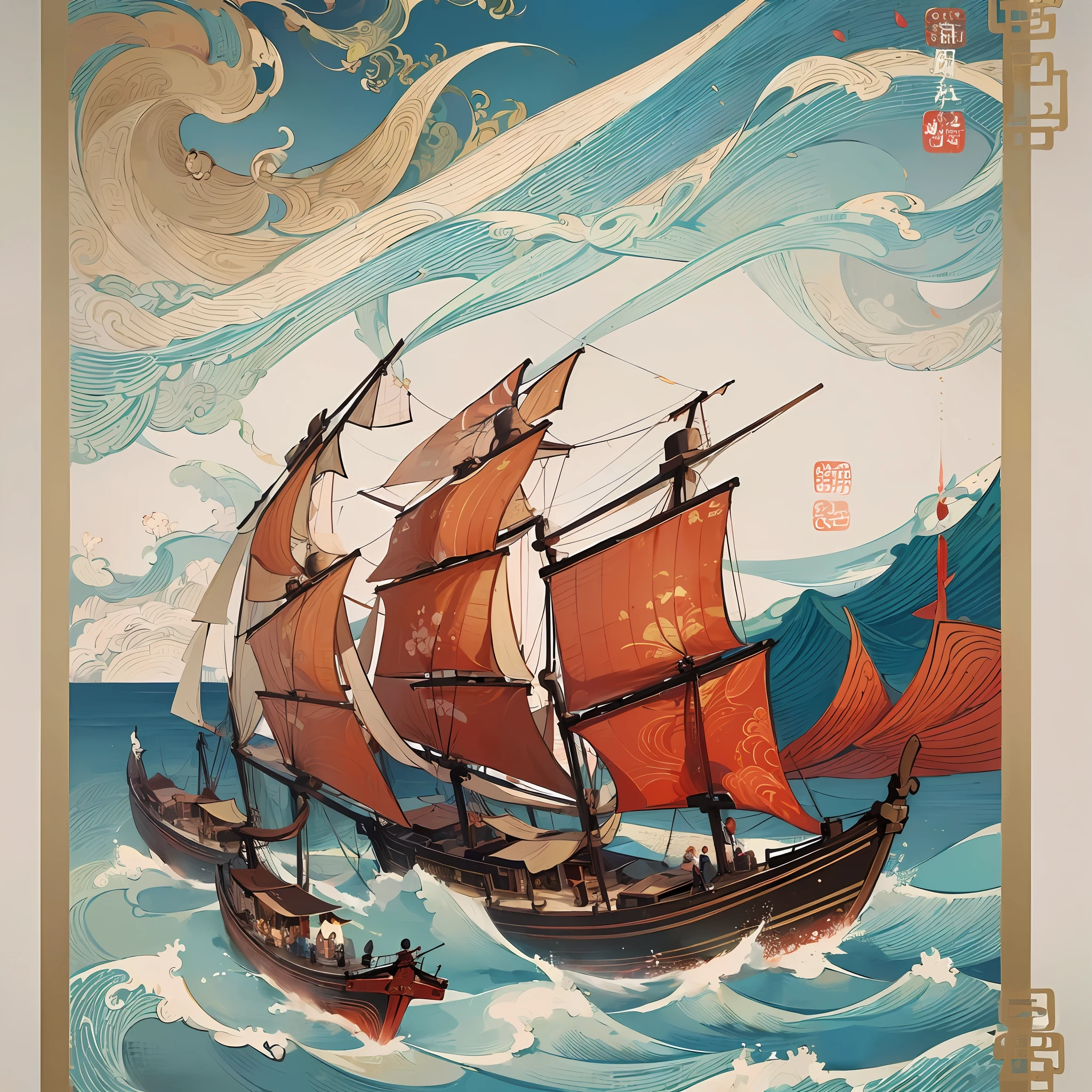 (Chinese Gongbi Painting), (Masterpiece, Top Quality, Best Quality, Official Art, Beauty and Aesthetics: 1.2), (9 Chinese wooden sailing ships with red heads, riding the wind and waves, 1 boat in the near and 8 in the distance), extremely detailed, golden elements (fractal art: 1.3), colorful, most detailed --auto --s2