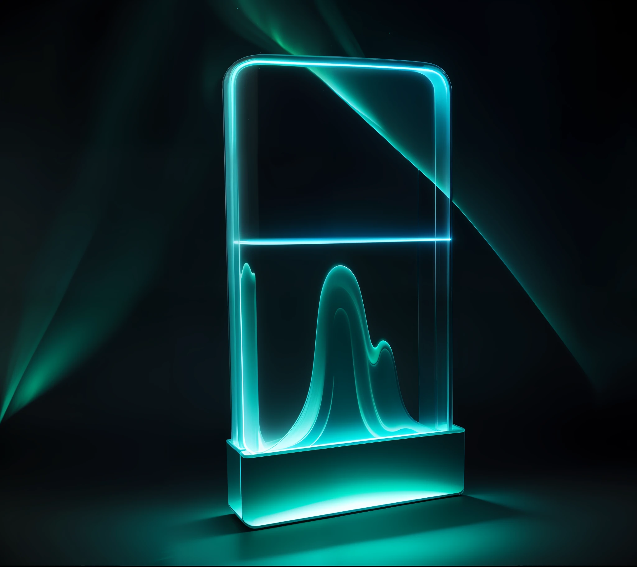 A lamp that emits aurora, blue-green tones, three-dimensional LED light, luminous lines, light waves, OLED lights in the corners, sense of depth, optical caustic lighting, light caustics, ethereal volumetric light, Nordic style, Nordic aurora, Nordic mountains, glowing lights, neon glowing wood