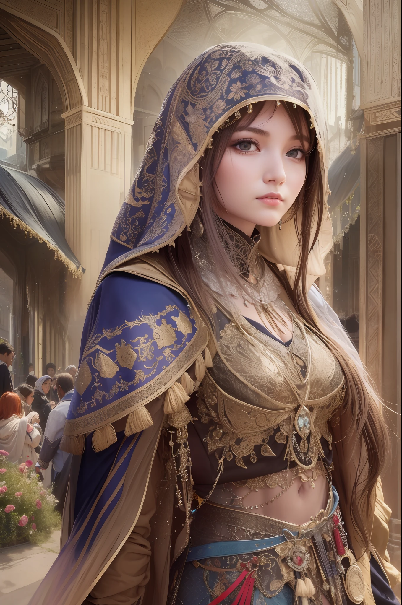 Create a stunning Assassin’s Creed Concept Art piece in the style of ultra-realistic, ultra-detailed visuals. Depict a young and graceful girl wearing traditional Persian clothing, complete with a hood, as she navigates through the vibrant bazaar of a bustling Persian town. Capture the intricate details of the architecture, the rich textures of the fabrics, and the vivid colors of the market stalls, transporting viewers to a vivid and immersive world