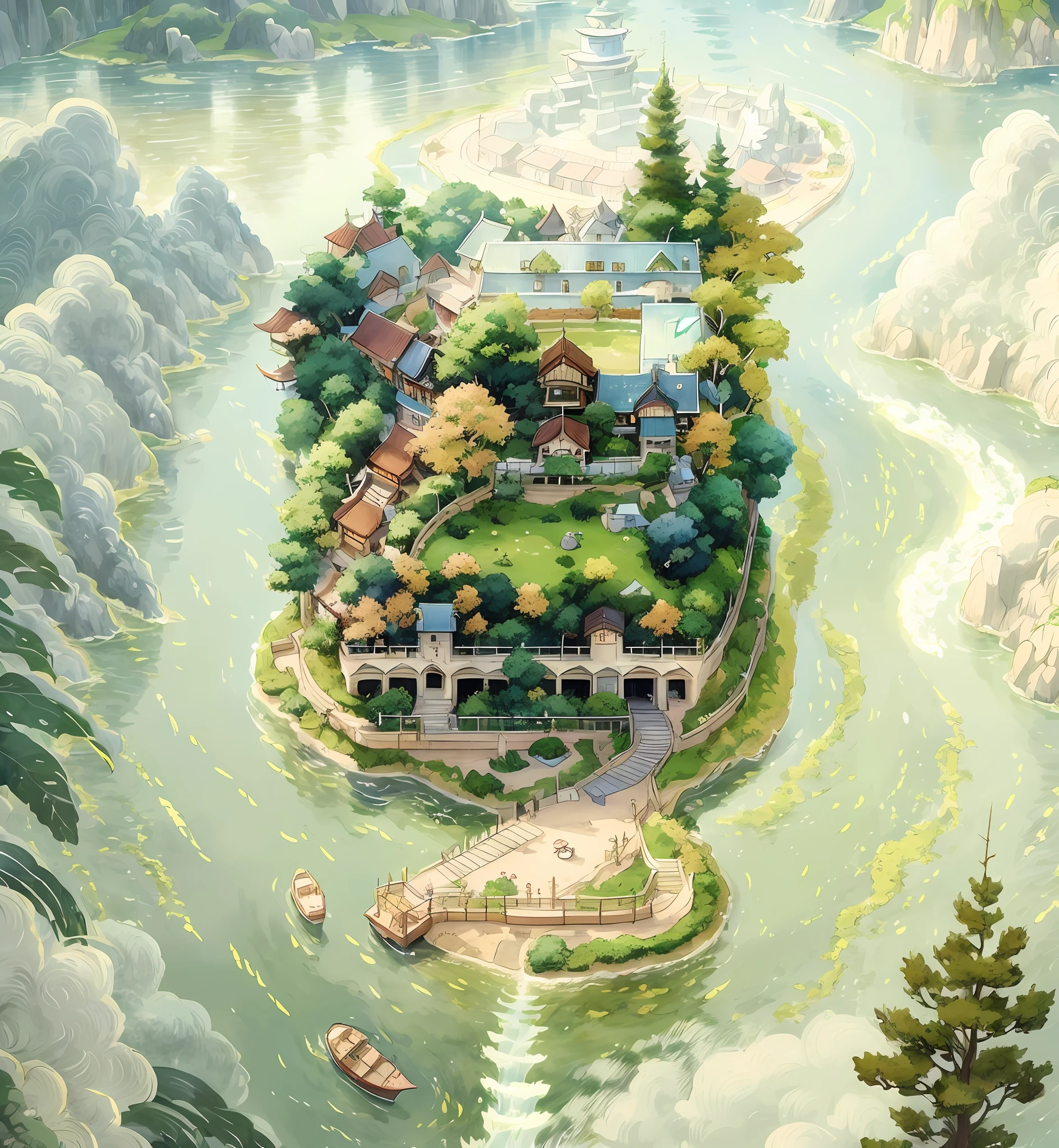 painting of a small island with a boat in the middle of it, ghibli studio style, ghibli studio anime style, studio ghibli scheme, studio ghibli landscape, a beautiful artwork illustration, by Yu Zhiding, studio ghibli environment, very detailed paradise, legend of korra setting, ghibli studio art, studio ghibli painterly style, ghibli art style, ghibli studio