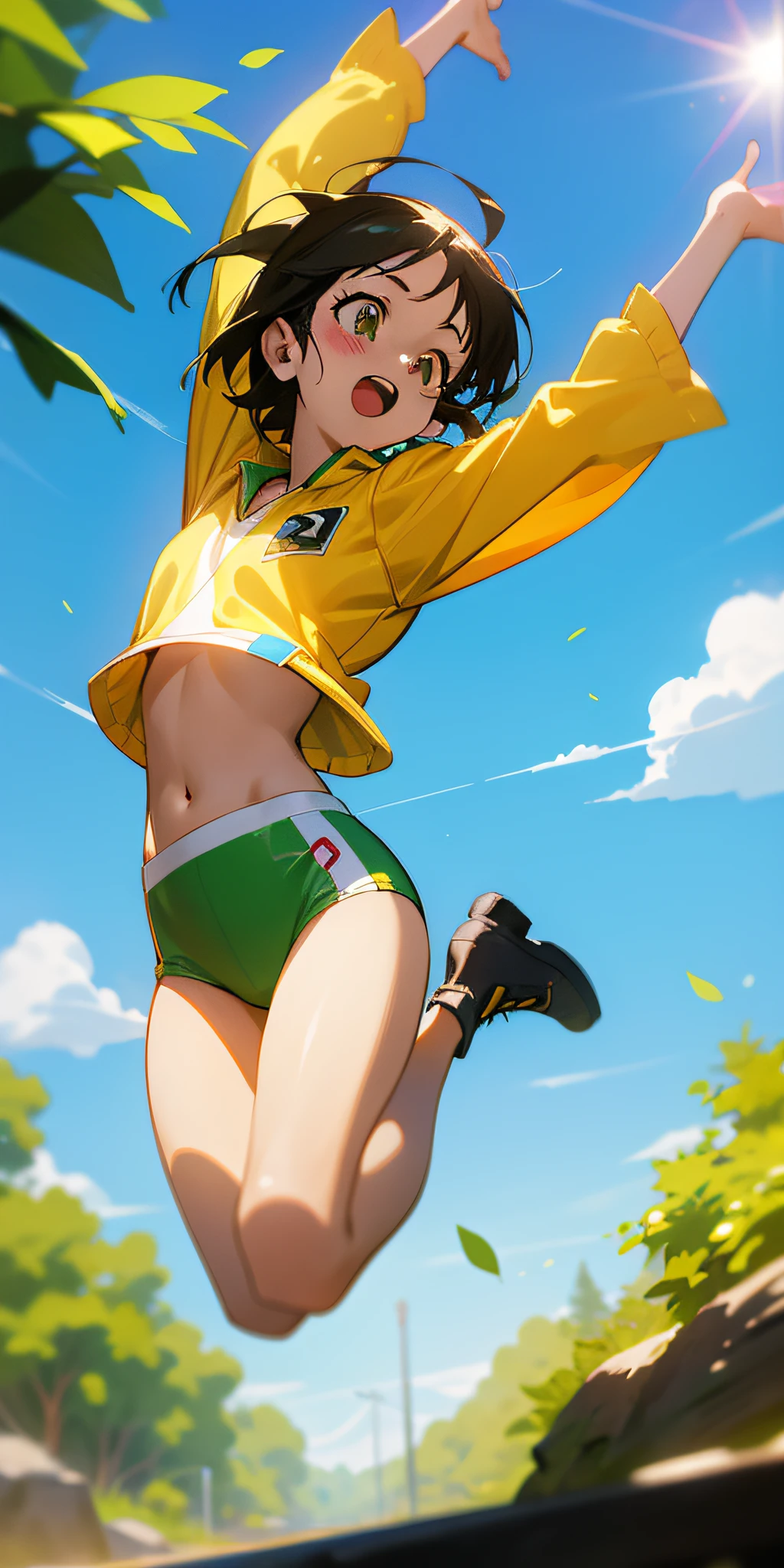 3D, close-up in surreal pop style, sunny day, beautiful sunshine, in zoo, bare belly, a girl jumping, by Hikaru Shimoda, anime art --ar 2:3 --niji 5 --s 400