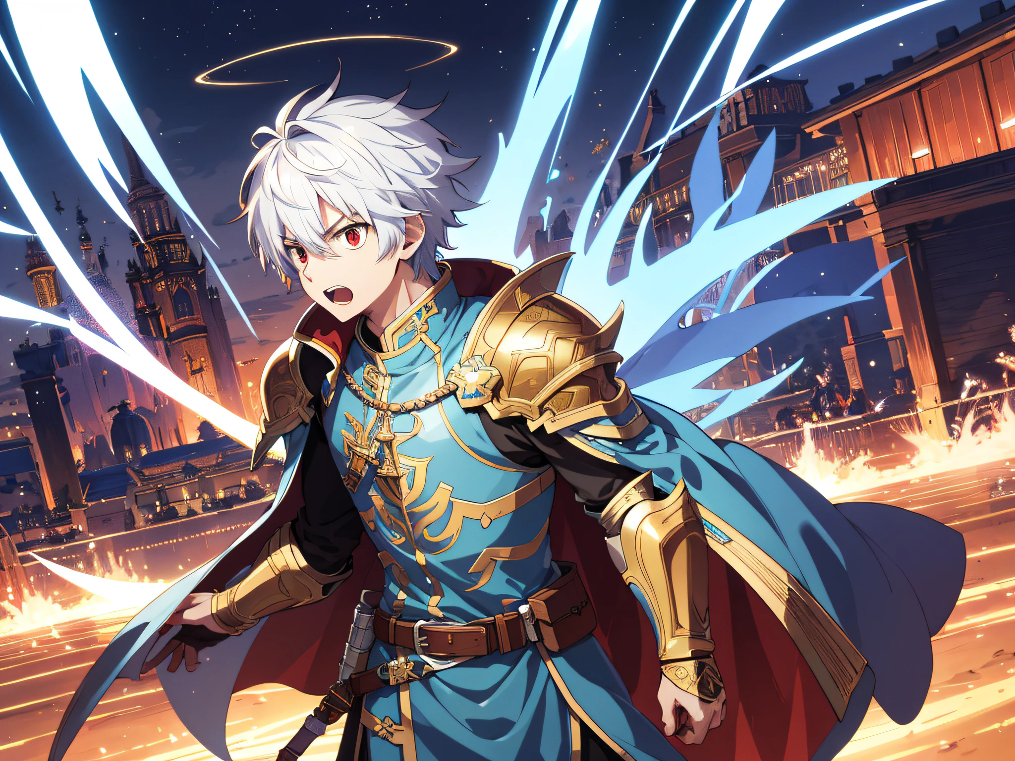 (ridiculous, high resolution, super detailed), (panorama), (1 male), adult, tall, wearing light blue armor, gold decoration, red eyes, evil charm, short white hair, western-style town, square, crowd, (surprised), open mouth, ccurate, anime, side view,