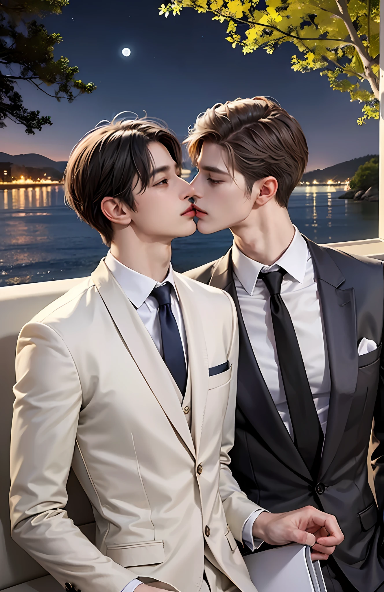 Masterpiece, top quality, two men, adult, in a suit, kiss on the neck, tall muscles, handsome and delicate eyes, intricate details, clear water, moonlit night, smile, aesthetic, romantic, dreamy