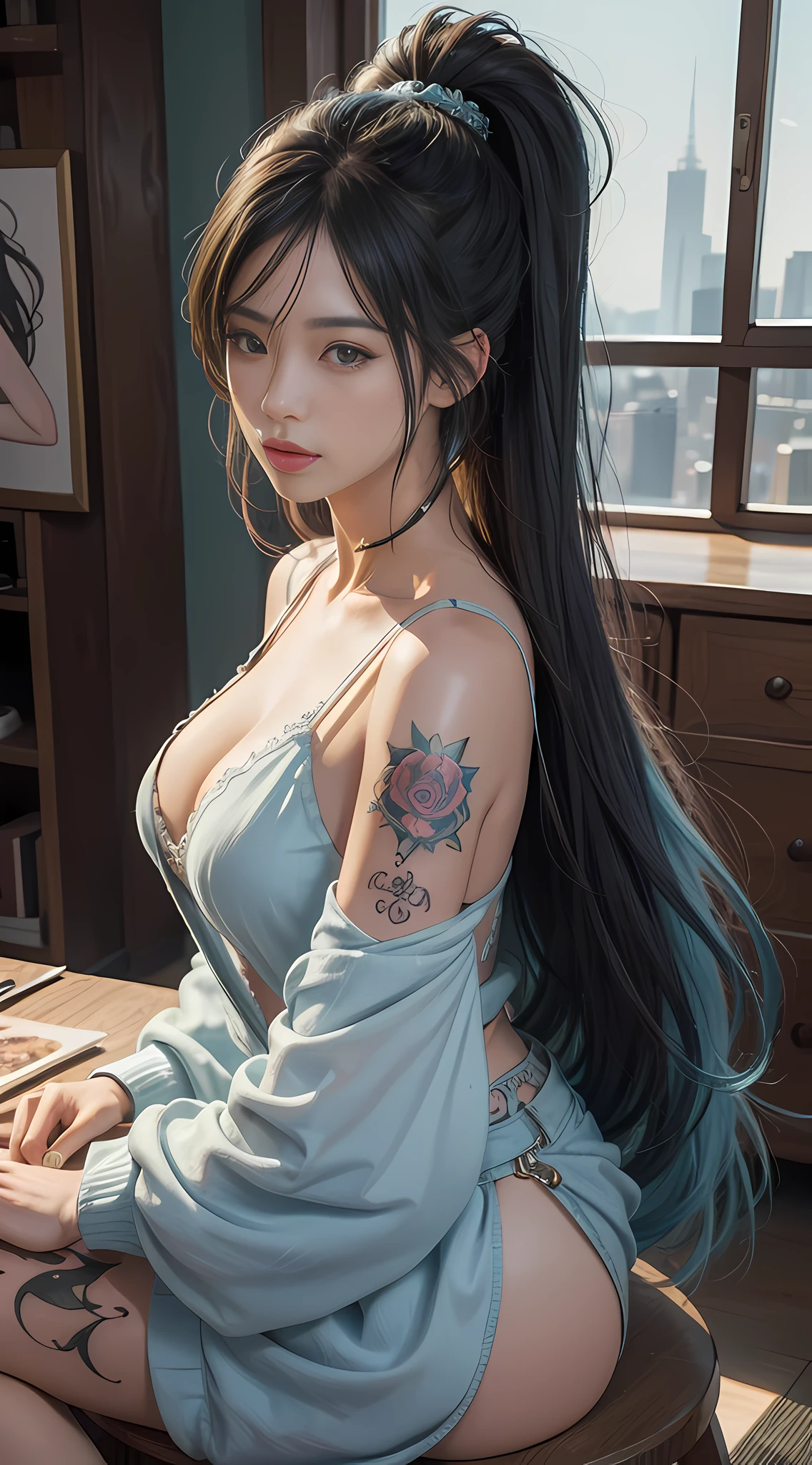 HD 3D art, full of real warmth in 3D animation style, close-up (1 woman), suitable pose, hair dyed light blue beauty, in addition to tattoos delicately depicted on the whole body, the light of the horizon in the landscape mode, will remind you of CGSCOSITY's tattoo expert designs, there are some masterpieces like Guweiz and James Jean, a beautiful girl, fashionable, sexy, with her life as a canvas, The realistic style that is widely respected in Japan's fashion and art circles is also a hot topic.