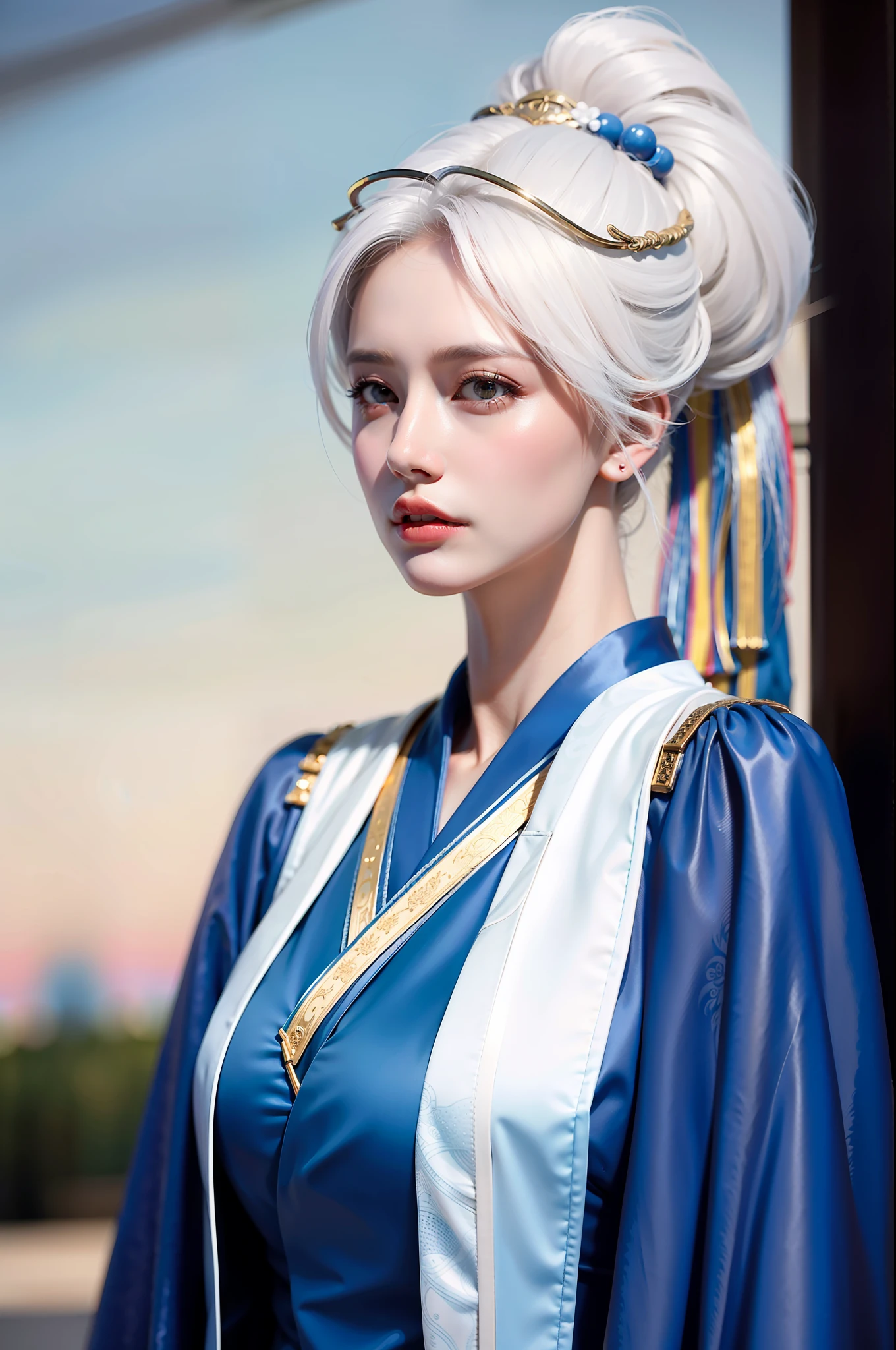 1 girl, white hair, hanfu, close-up, aviator sunglasses, (best quality: 1.4), ((masterpiece)), ((realistic)), (detailed), (realistic: 1.4), super thin body