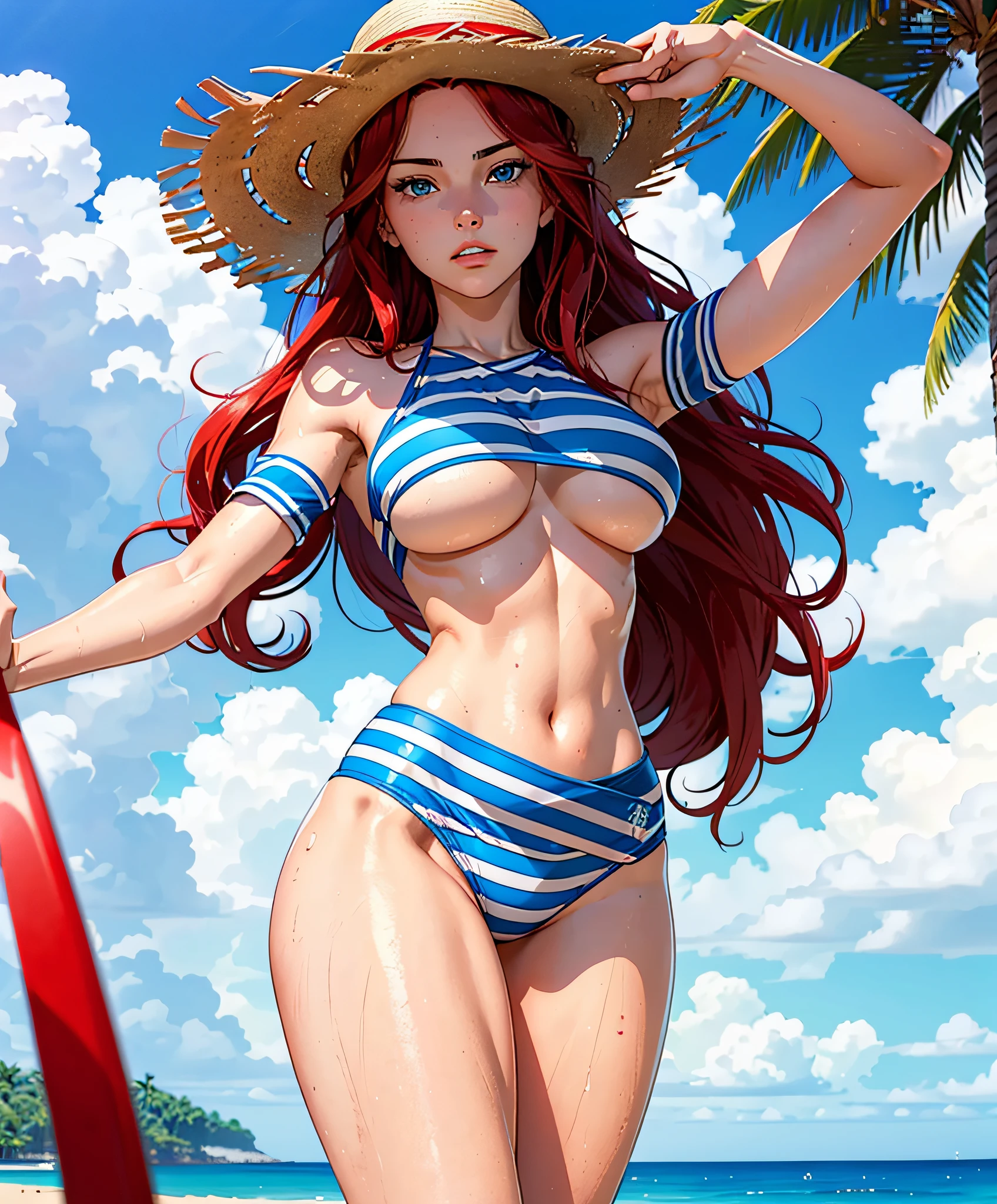woman in her 20s, (perfect face), defined jawline, beautiful blue eyes, beautiful lips, (long red flowing wavy hair), (perfect anatomy), (athletic body), (sexy)(medium wet breasts), (thick thighs), (perfect hands), (bikini with blue stripes), (straw hat), looking at viewer, (POV from below), (medium full shot photograph), (tropical beach background), realistic
