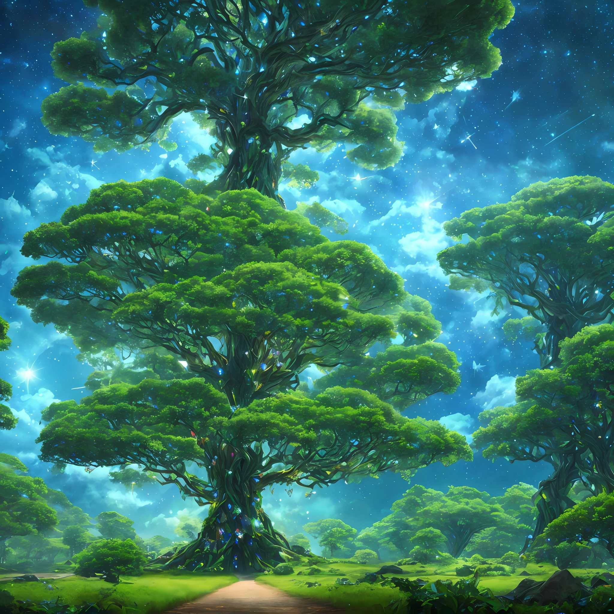 Huge crystal tree whole body, very detailed and magical lighting, intricate forest details, vegetation, solar punk, landscape, huge tree, beautiful green with beautiful lighting and realistic proportions, as if movie background, 8k, top quality, masterpiece, clouds, stars in the sky. Night sky, butterflies fluttering, big sky