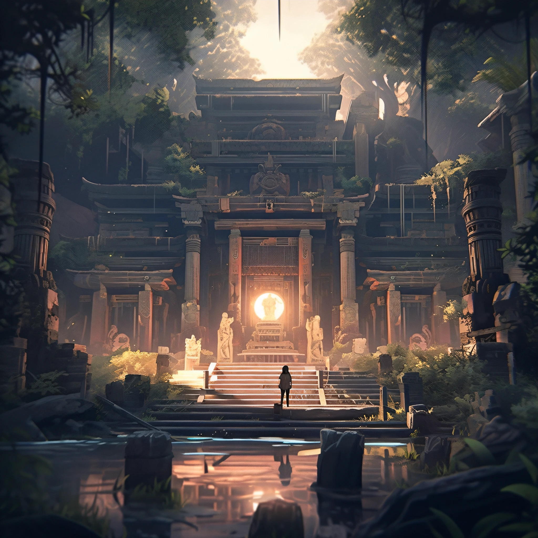 Dilapidated temple in the wild, full of eerie atmosphere, dark, intricate, high detail, extremely visual feast, dramatic, best quality, ultra-detailed, creative, best detail, 3D, masterpiece, 8k, epic composition, --niji