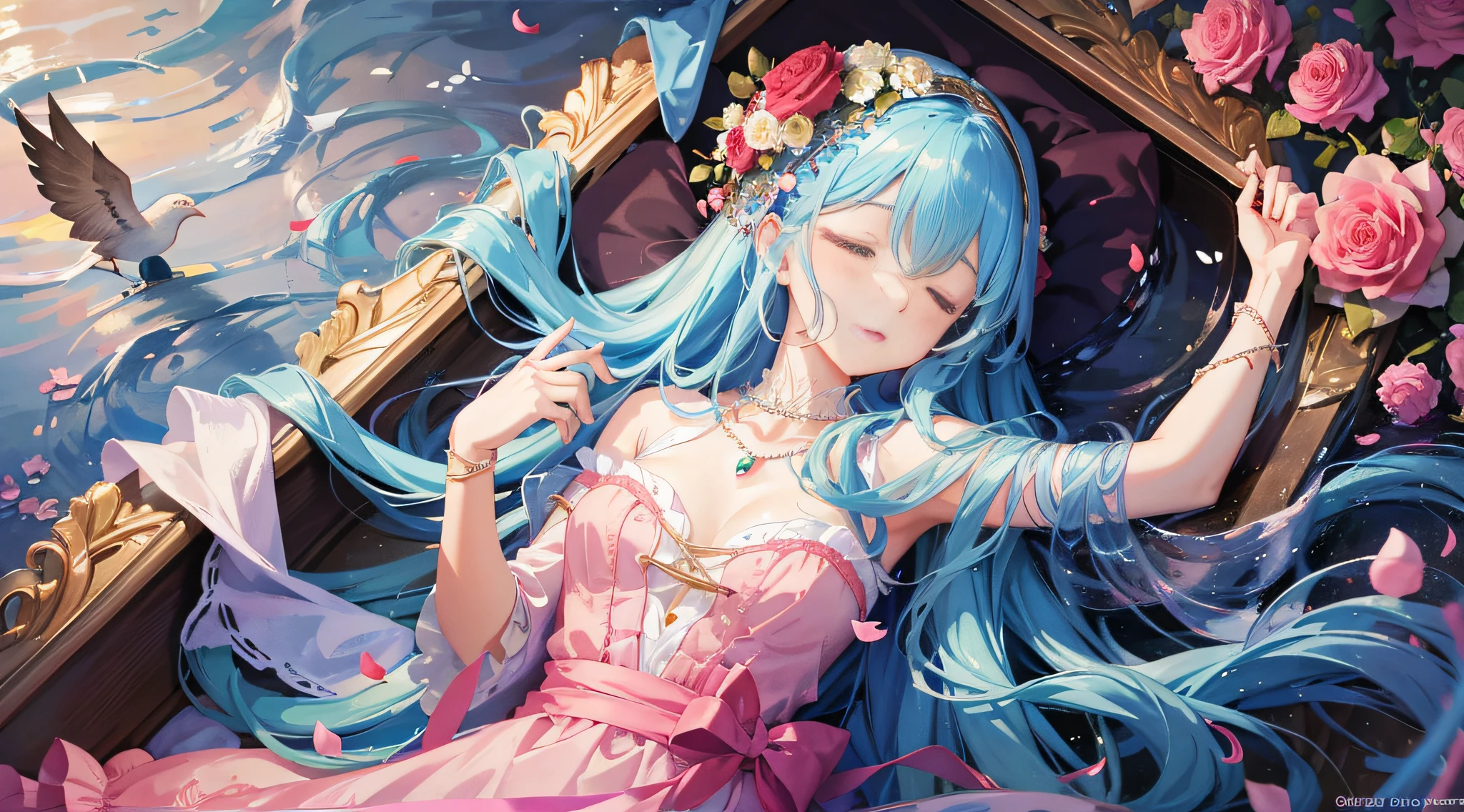 An anime girl with long light cyan hair and a gorgeous conservative princess dress, with bandages wrapped around her limbs and intricate jewelry on her head, sleeping in a half-open coffin, surrounded by many rose flowers, surrounded by birds, surrounded by running water and pearl shells, holding red flowers in her arms, and a crying and laughing mask next to her face, the whole picture can expose all the girl
