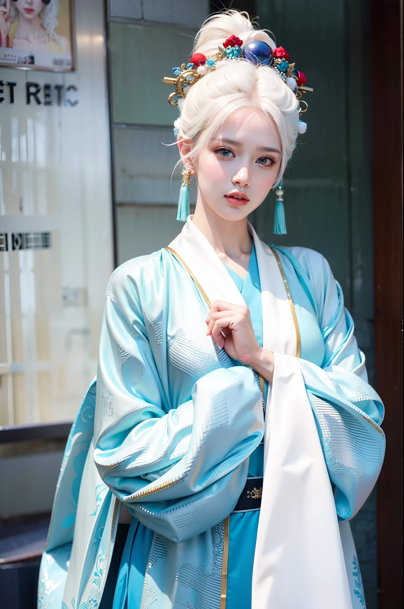 1 girl, white hair, hanfu, close-up, aviator sunglasses, (best quality: 1.4), ((masterpiece)), ((realistic)), (detailed), (realistic: 1.4), super thin body