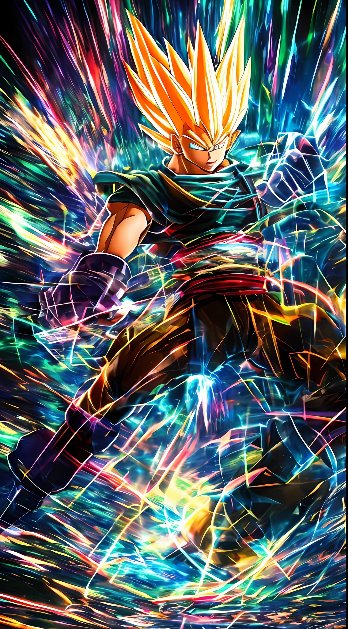 "Dragon Ball" + "Translucent holographic projection to the world of 2023", abstract, dreamy, Super Saiyan Kakarot, digital grid effects, complex environments, distortion, drawn by Tetsuya Nomura by Katsuhiro Otomo and Akira Toriyama, "perfect shadow", cinematic lighting, depth of field, Vray, volume lighting, center shot, dynamic pose, post Production, Professional Color Grading --auto --s2
