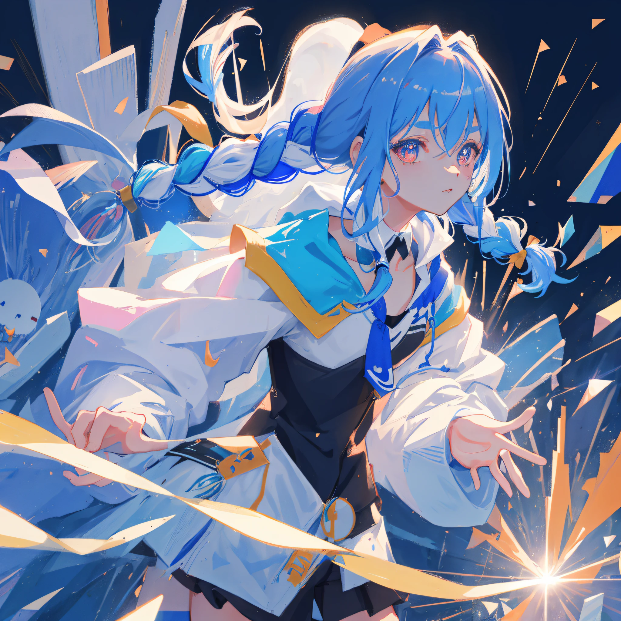 (人物: Usada Pekora), bunny girl, blue hair, twin braids, a girl, solo, {{masterpiece}}, best quality, extremely detailed CG unity 8k wallpaper, cinematic lighting, lens flare, beautiful detail eyes, side glance, colorful light, particles,