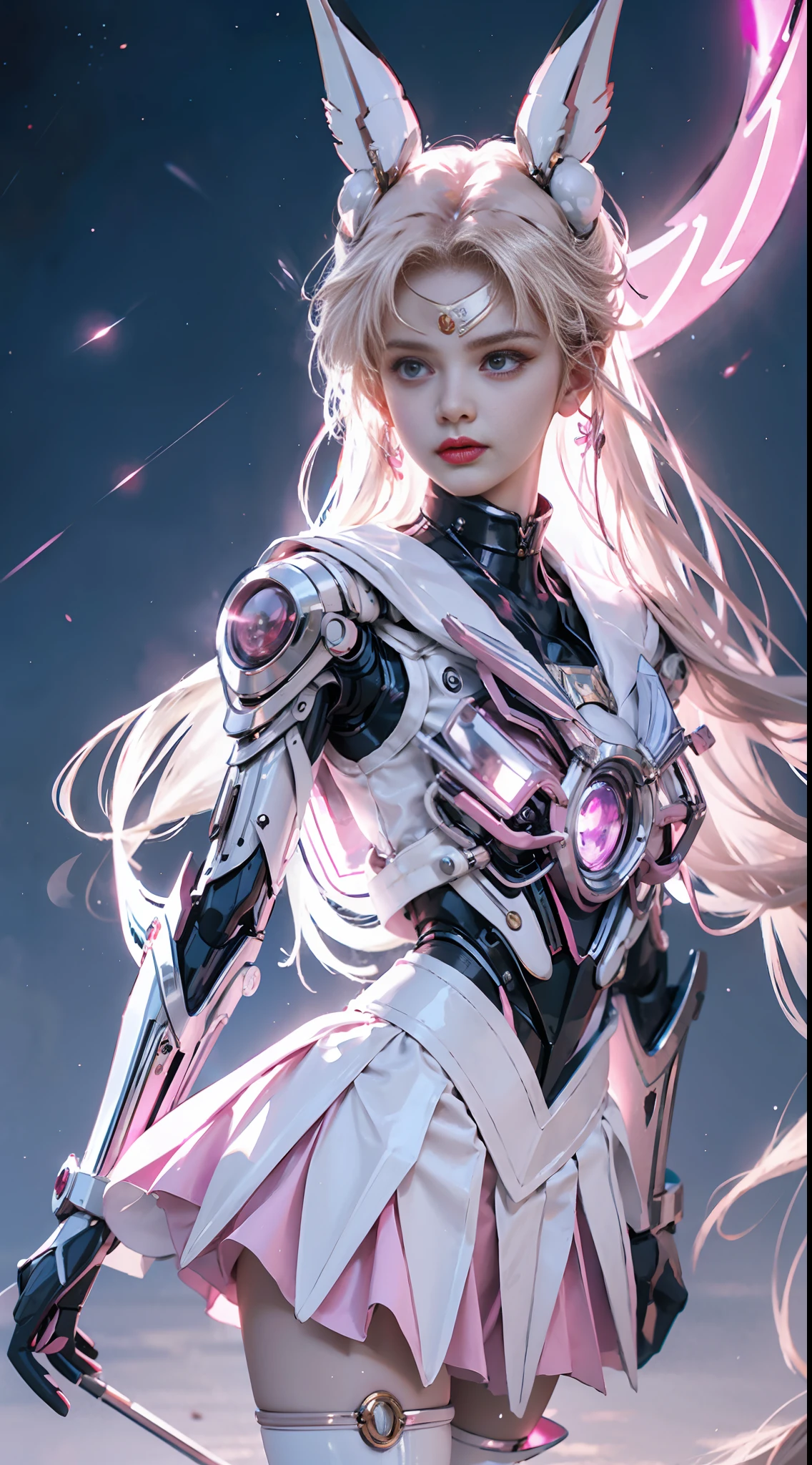 1 mechanical girl: 1.4, Sailor Moon, white mechanical arm, humanoid body, pink sailor suit, good-looking face, sailor Moon, wings, moon hare, rabbit ears, mechanical ears, white top, blonde hair, mechanical arm, pink skirt, side, halo, sci-fi background, hair glowing hair, forehead hair light, moon, panorama, archery, wings on the background