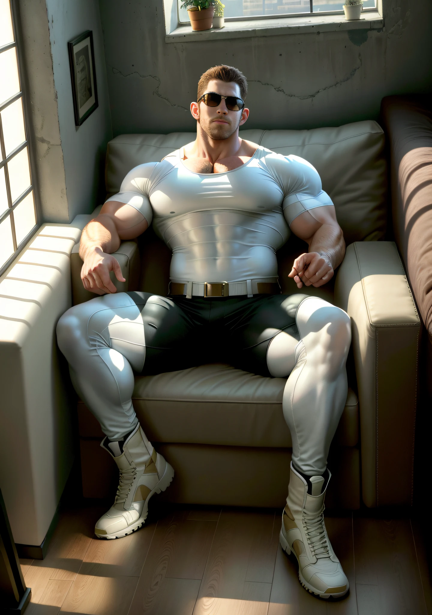 Movie poster, character design (Resident Evil - Chris Redfield) wearing smooth cream white spandex skinny, lying down and standing on soft sofa with sad expression, muscular male hero, heroic male pose, tall burly, muscular! Wearing sunglasses, sexy charming muscular leg muscles, tall burly and strong, smooth cream white spandex skinny, super gain and cool, high resolution committee, cream white combat boots, attractive strong men, blazing sunlight shining through the window