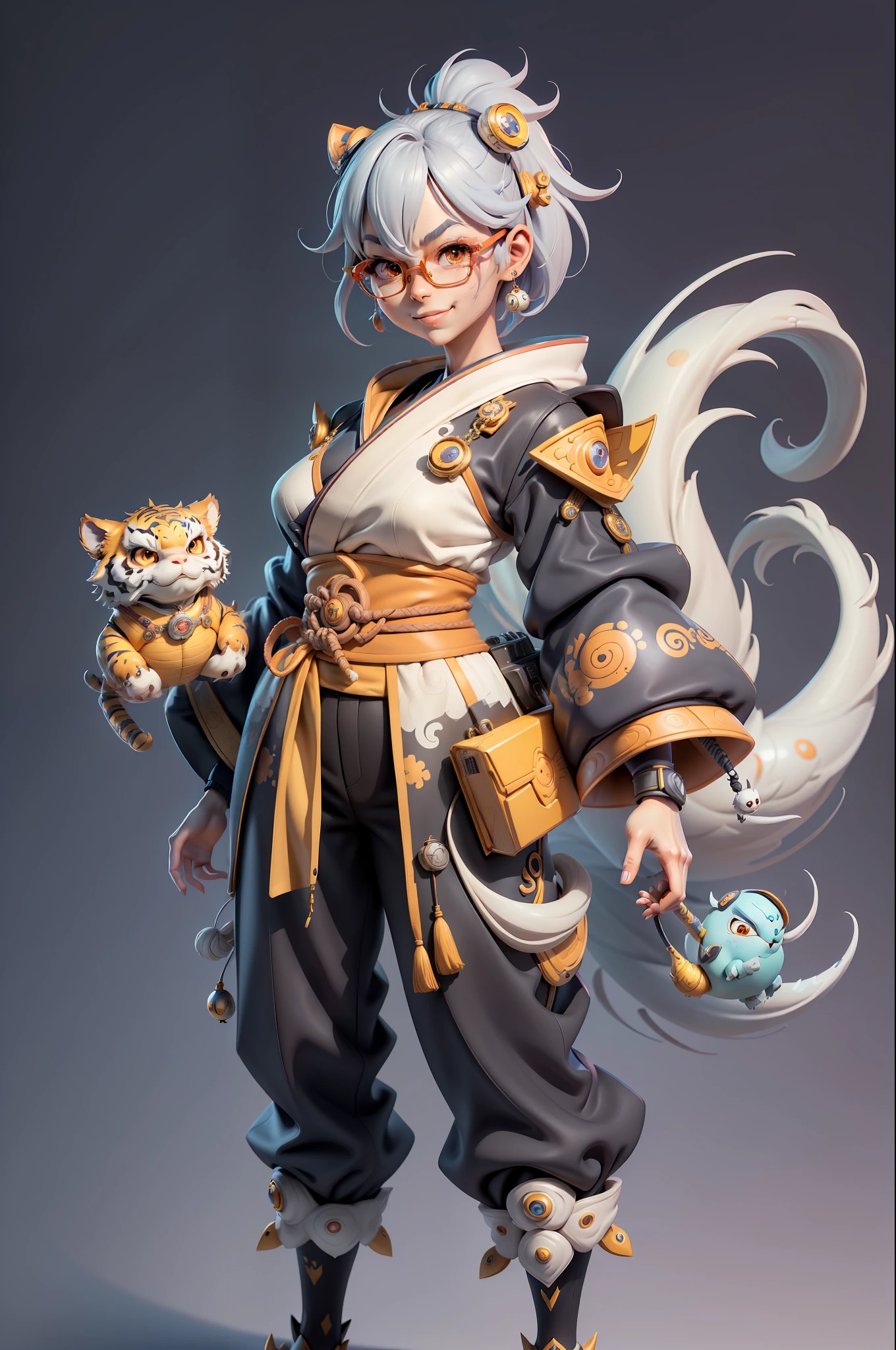 (Masterpiece), (Excellent), (Super Meticulous), (Full Body: 1.2), Super Young Woman, Japanese Geisha, Beauty, Chinese Dragon, Tiger, Wind God Thor, Sexy, Bursting, Oriental Face, TV Anchor, Bust Portrait Illustration, Alone, Black Suit, Blue Tie, Slightly Chubby, Very Clean Face, Silver Glasses, Black Super Short Hair, Black Eyes, Confident Smile, 3c Computer Sub-Products, iPad, iPhone, Digital Painting, 3D character design by Mark Clairedon and Pixar and Hayao Miyazaki and Akira Toriyama, the illustrations are HD illustrations in 4K resolution with highly detailed facial features and cartoon-style visuals.