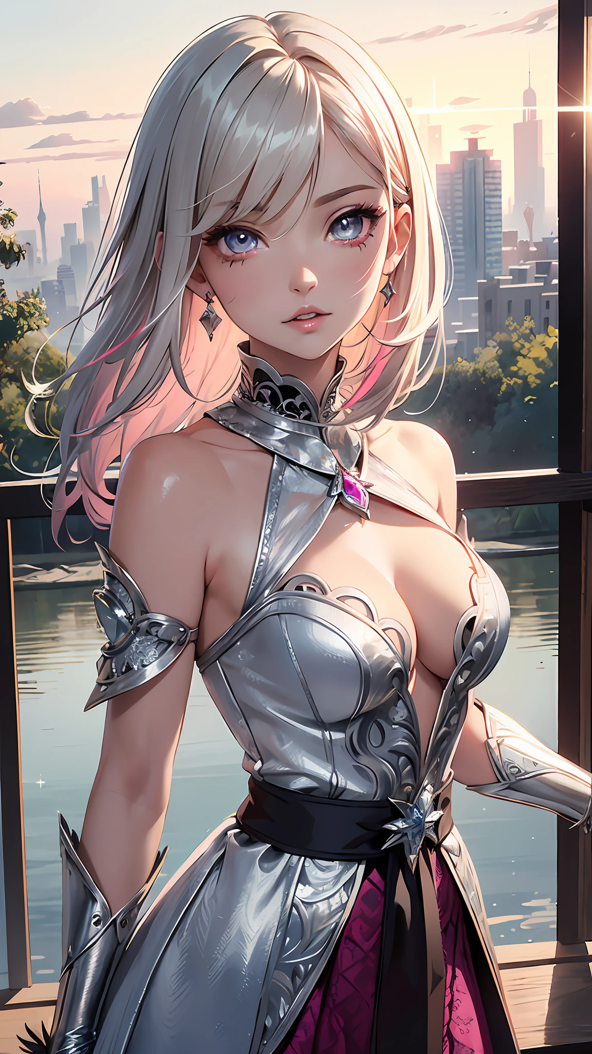 Realistic, Hyper Detail, Girls Only, Layered Bob, Dynamic Lighting, ((Bold imaginative pose)), (Glossy skin: 1.5), Masterpiece, Top Quality, Absurdity, Watching Viewer, (Blonde and Pink Hair), deep Purple Clear Eyes,((Beautiful, detailed eyes, jewel-like eyes, colorful eyes, sparkling eyes:1.3)), Slender, High Resolution, Sharp Focus, Depth of Field, Detail Eyes, Sharp Eyes, (Realistic Eyes)), outdoors, sunrise sky, (attractive delicate design river trimmed lace dress, (intricately patterned silver armor wearing): 1.3))