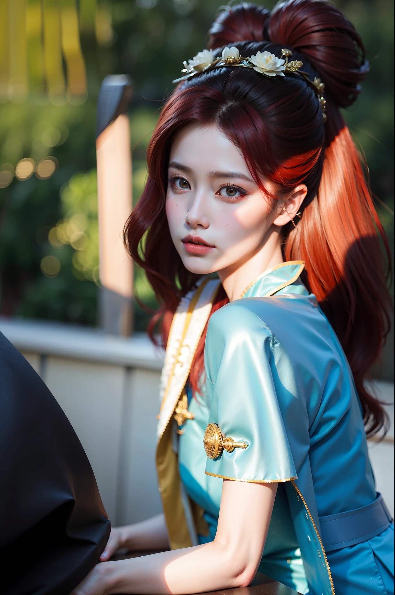 1girl,red hair,hanfu,close up,aviator sunglasses,,(best quality:1.4),((masterpiece)),((realistic)),(detailed),(photorealistic:1.4),