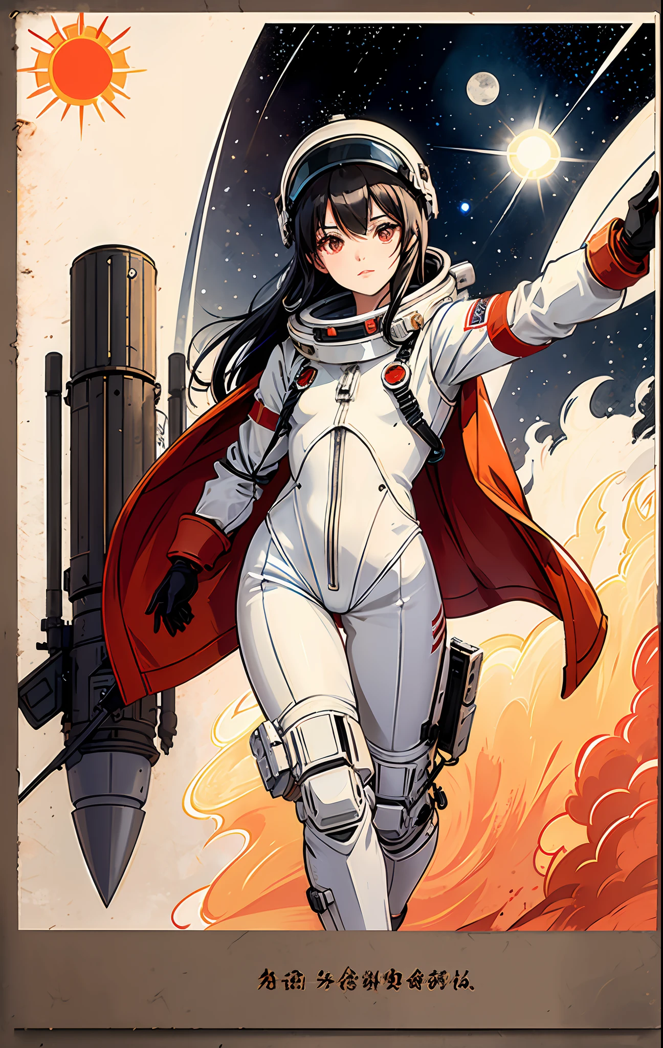 1girl, flat chested, cute, beautiful detailed eyes, shiny hair, visible through the hair, hair between the eyes, CCCPposter, sovietposter, red monochrome, Soviet poster, USSR, communism, black hair, red eyes, vampire ,girl,small breasts,spacesuit:Orange_clothing_body:jumpsuit ), white_gloves, white_space shoes, white_helmet, CCCP scarlet letters on the top of the helmet, weightlessness, Side light, reflection, the person in the spacesuit is at the bottom left of the picture, right hand outstretched, right hand Gently touch the Salyut space station), the space station in the upper right corner of the screen, the reflected light of the sun, silver metal, red flag, brilliance, Soviet style, diffuse reflection, metal texture, blue earth in the distance, mech style, star sea, high-profile, majestic