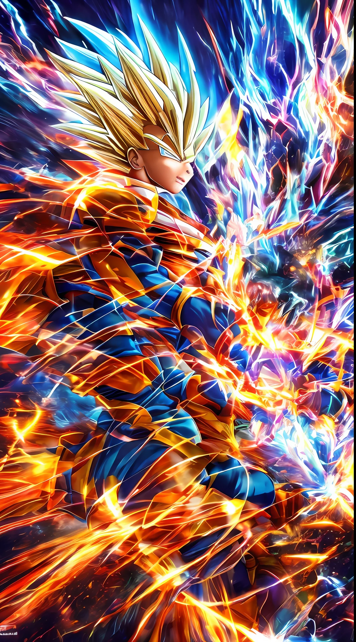 "Dragon Ball" + "Translucent Holographic Projection into the World of 2023", abstract, dreamy, Super Saiyan Vegeta, digital grid effects, complex environments, distortions, drawn by Katsuhiro Otomo, Akira Toriyama and Tetsuya Nomura, "perfect shadows", cinematic lighting, depth of field, Vray, volume lighting, center shot, dynamic pose, post Production, Professional Color Grading --auto --s2