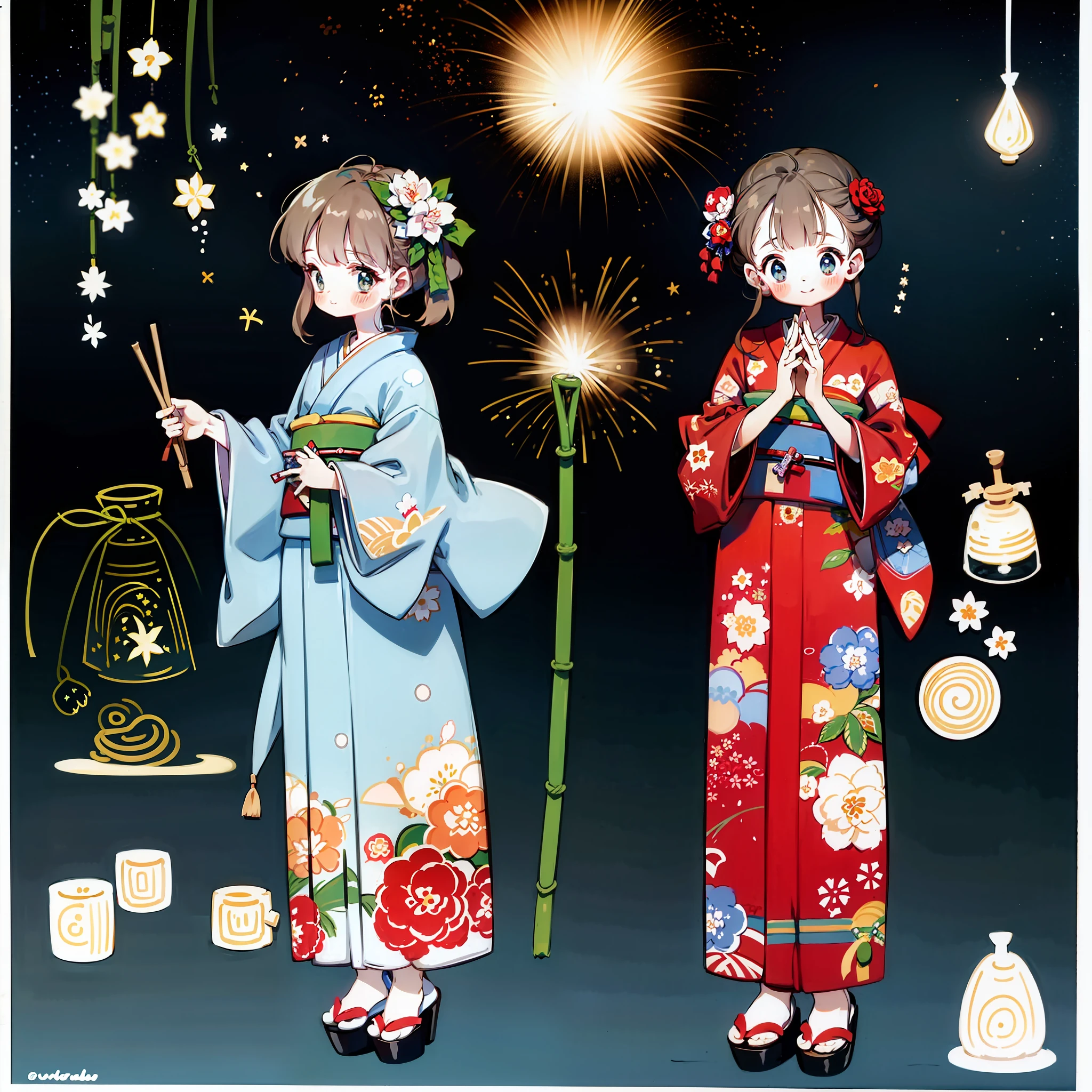 Kimono, cute, bamboo forest, maiden, starry sky