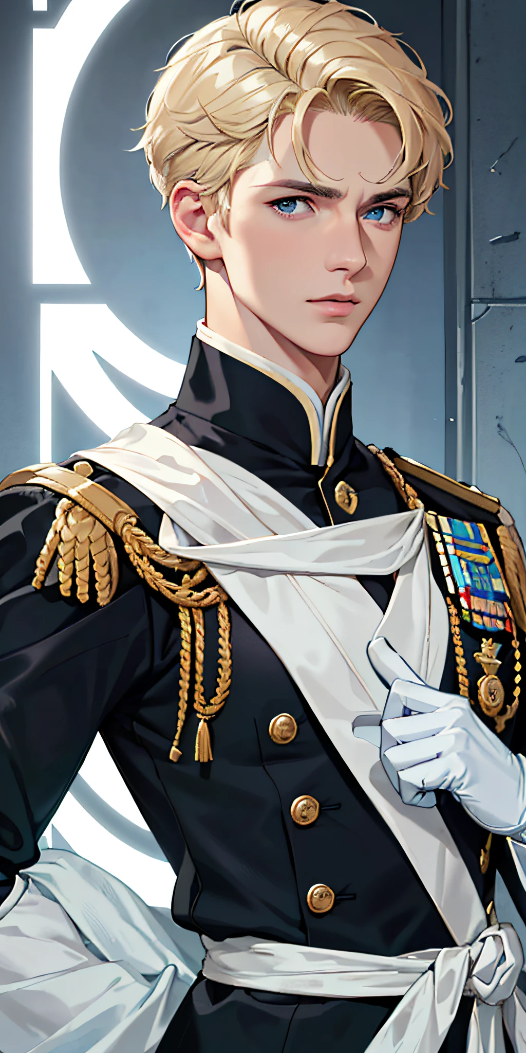 Best image quality, 4k, masterpiece, male, short hair, handsome, mature, gentle, handsome, blonde hair, very light blue eyes, raised eyebrows, face focus, portraiture, delicate facial features, face magnification, face focus, black uniform, white gloves, hat, arm holding pose, artistic lighting, face portraiture