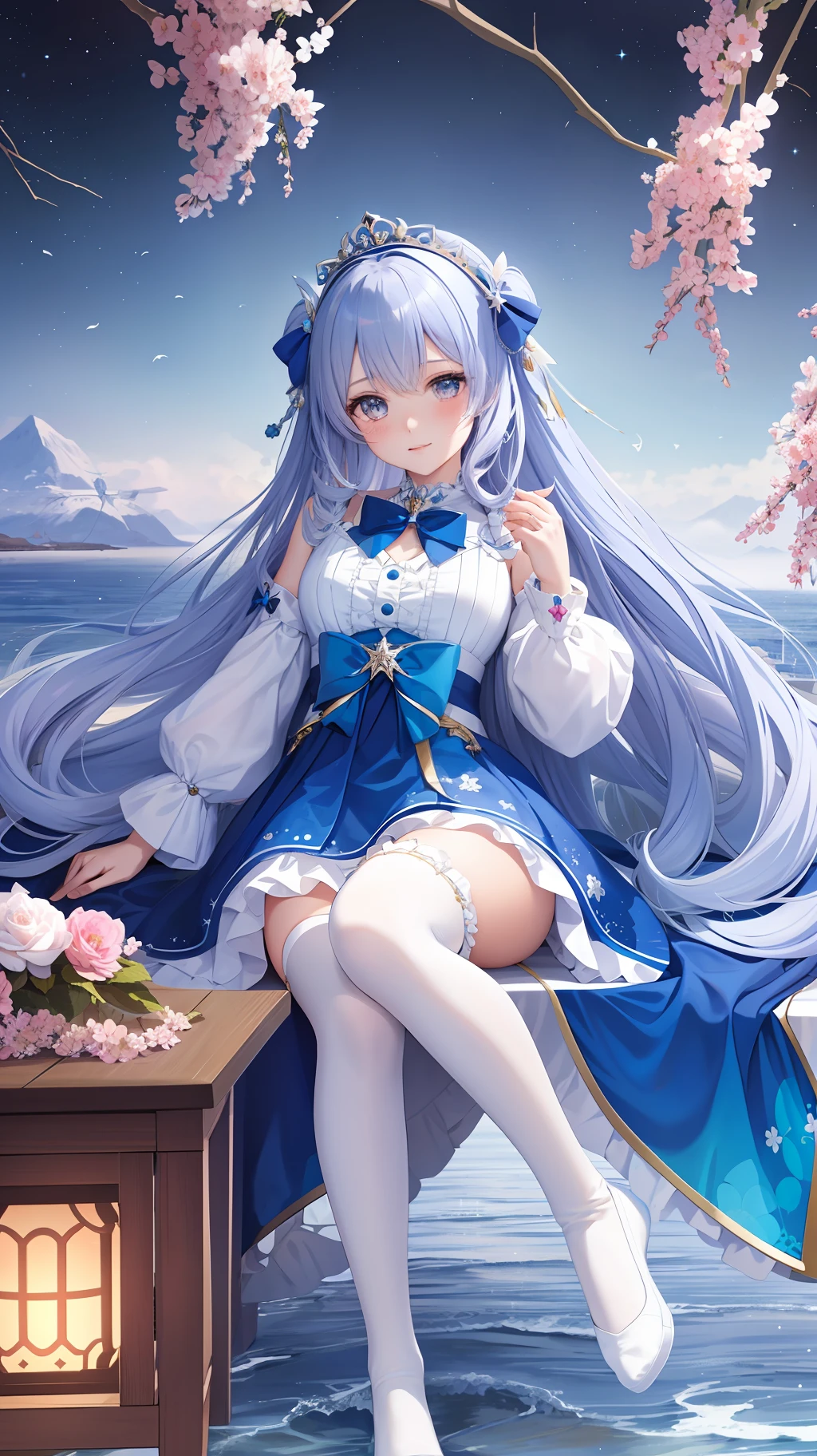 Anime girl in blue dress sitting on a boat with stars on her head, goddess of the sea, goddess of the anime, goddess of the sea, (((beautiful fantasy queen)), blue ocean, cute anime waifu in beautiful clothes, white socks, long socks, stockings, pink shoes, lolita shoes, pattern, bow, wallpaper anime blue water, popular on ArtStation pixiv, beautiful girl, beautiful fantasy queen, beautiful fantasy anime, beautiful anime woman