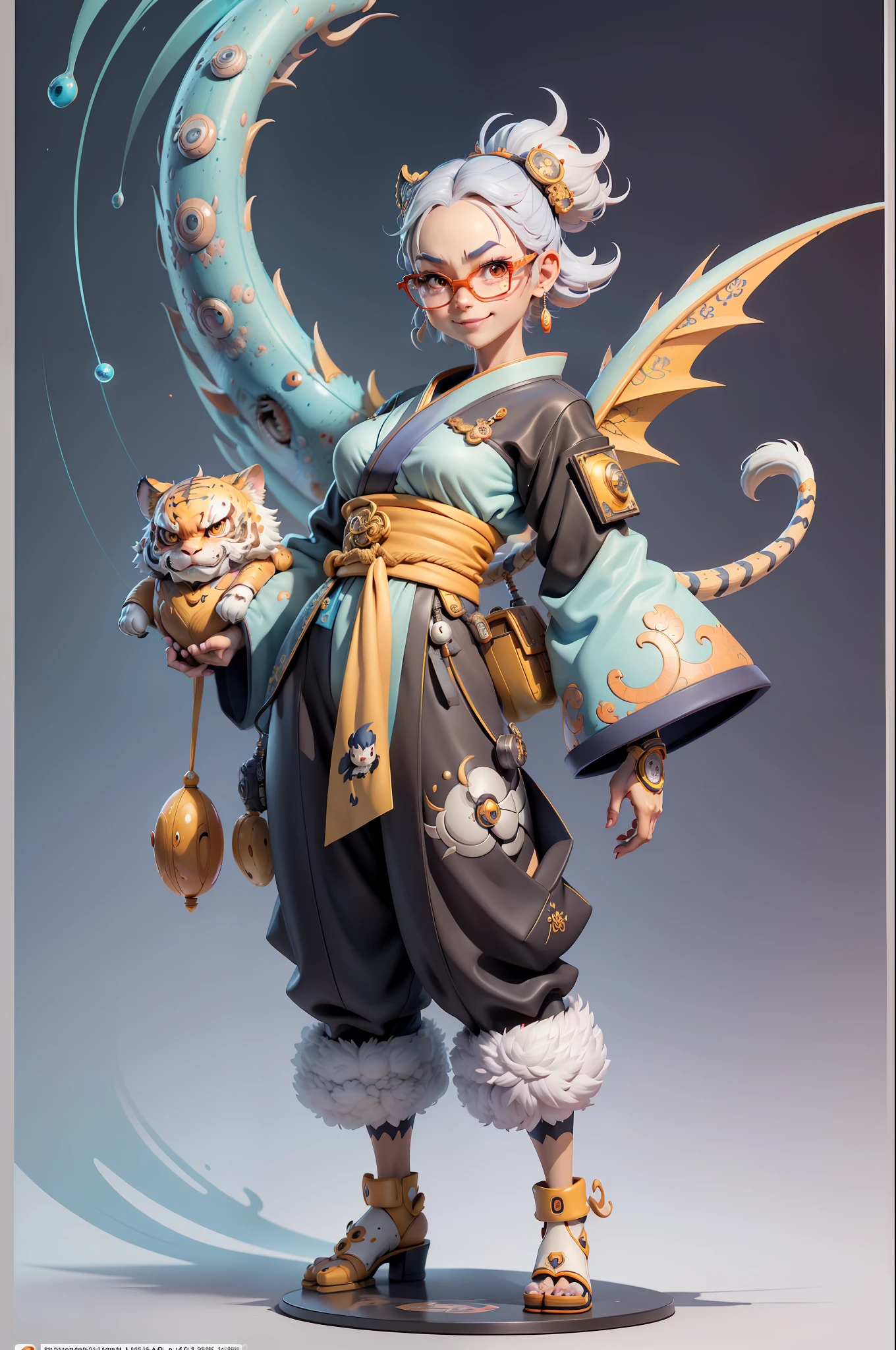 (Masterpiece), (Excellent), (Super Meticulous), (Full Body: 1.2), Super Young Woman, Japanese Geisha, Beauty, Chinese Dragon, Tiger, Wind God Thor, ????, Bursting, Oriental Face, TV Anchor, Bust Portrait Illustration, Alone, Black Suit, Blue Tie, Slightly Chubby, Very Clean Face, Silver Glasses, Black Super Short Hair, Black Eyes, Confident Smile, 3c Computer Sub-Products, iPad, iPhone, Digital Painting, 3D character design by Mark Clairedon and Pixar and Hayao Miyazaki and Akira Toriyama, the illustrations are HD illustrations in 4K resolution with highly detailed facial features and cartoon-style visuals.