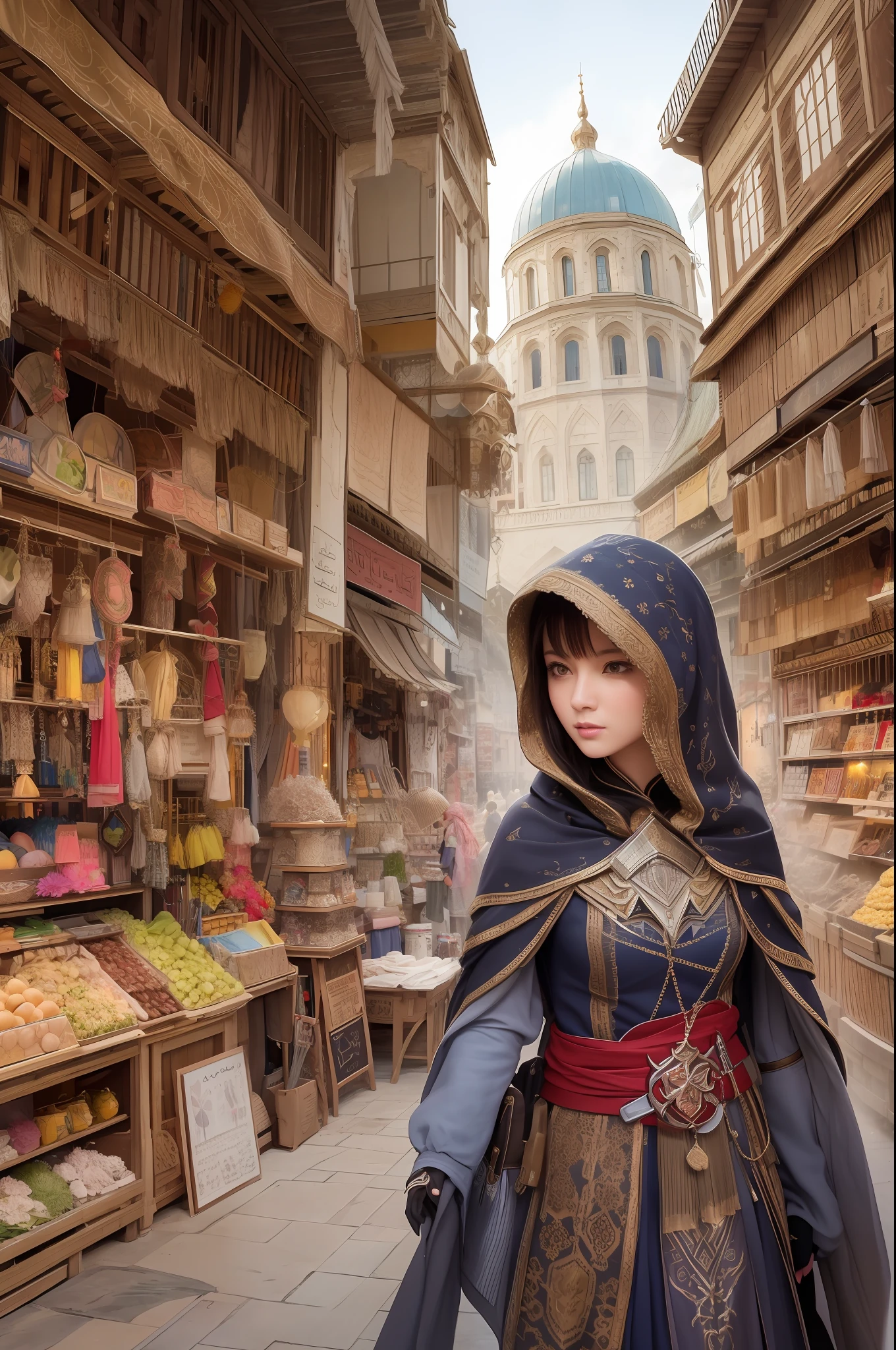 Create a stunning Assassin’s Creed Concept Art piece in the style of ultra-realistic, ultra-detailed visuals. Depict a young and graceful girl wearing traditional Persian clothing, complete with a hood, as she navigates through the vibrant bazaar of a bustling Persian town. Capture the intricate details of the architecture, the rich textures of the fabrics, and the vivid colors of the market stalls, transporting viewers to a vivid and immersive world