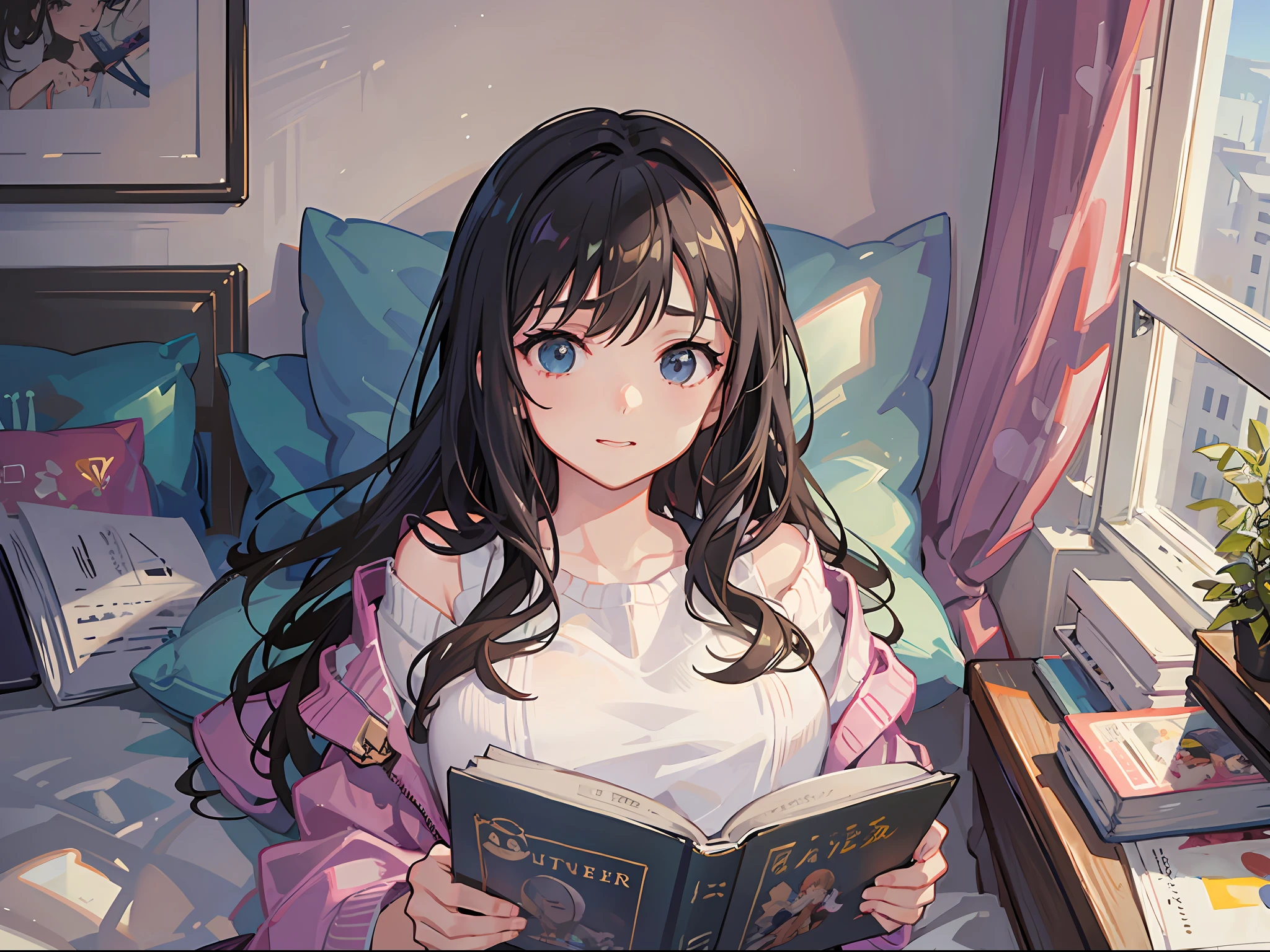 In the room, the girl reads a book in bed --auto --s2