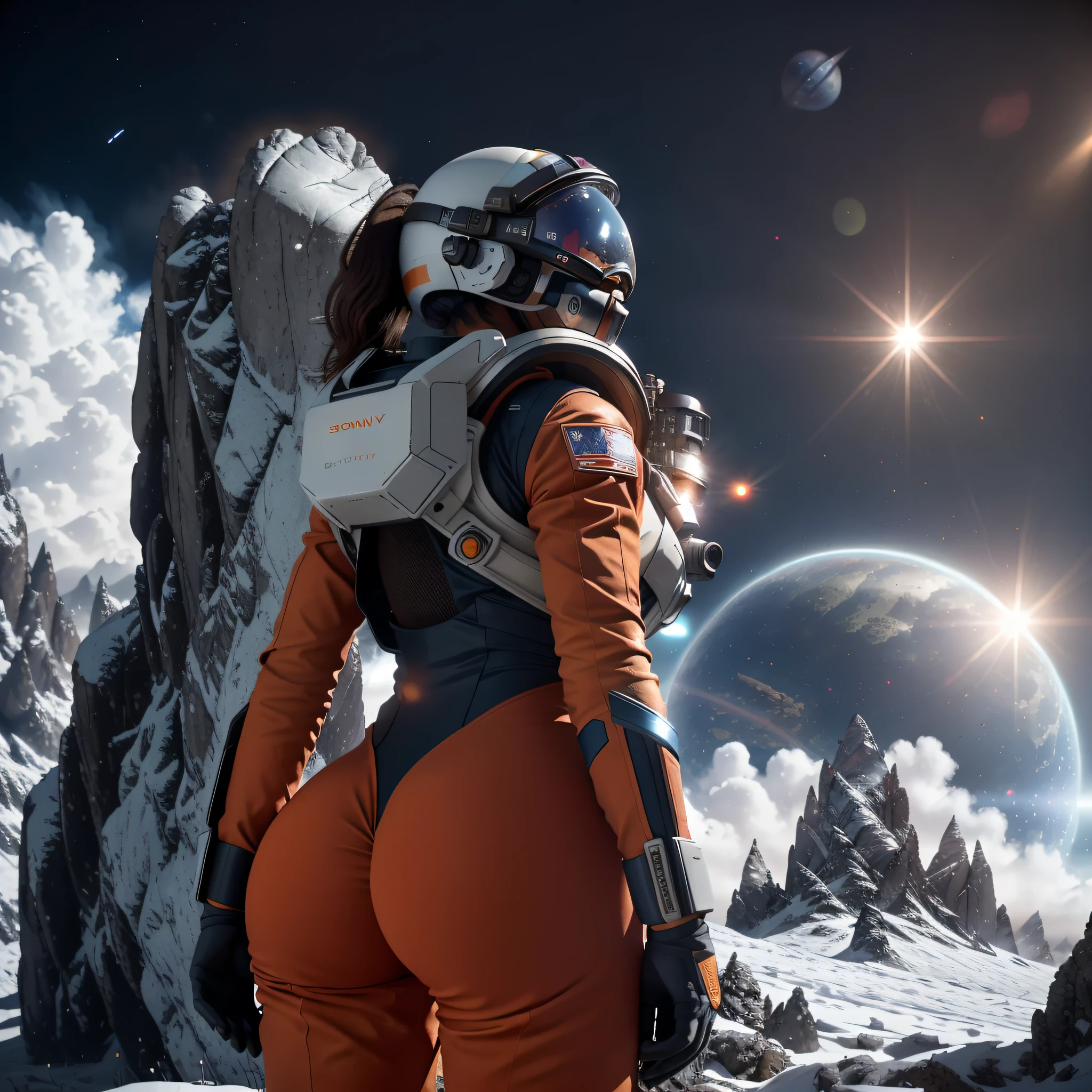 rear angle, Highly detailed RAW color Photo, Rear Angle, Full Body, of (female space soldier, wearing orange and white space suit, helmet, tined face shield, rebreather, accentuated booty), outdoors, (looking up at advanced alien structure, on alien planet), toned body, big butt, (sci-fi), (mountains:1.1), (lush green vegetation), (two moons in sky:0.8), (highly detailed, hyperdetailed, intricate), ((DAY TIME)), (lens flare:0.7), (bloom:0.7), particle effects, raytracing, cinematic lighting, shallow depth of field, photographed on a Sony a9 II, 50mm wide angle lens, sharp focus, cinematic film still from Gravity 2013, from behind