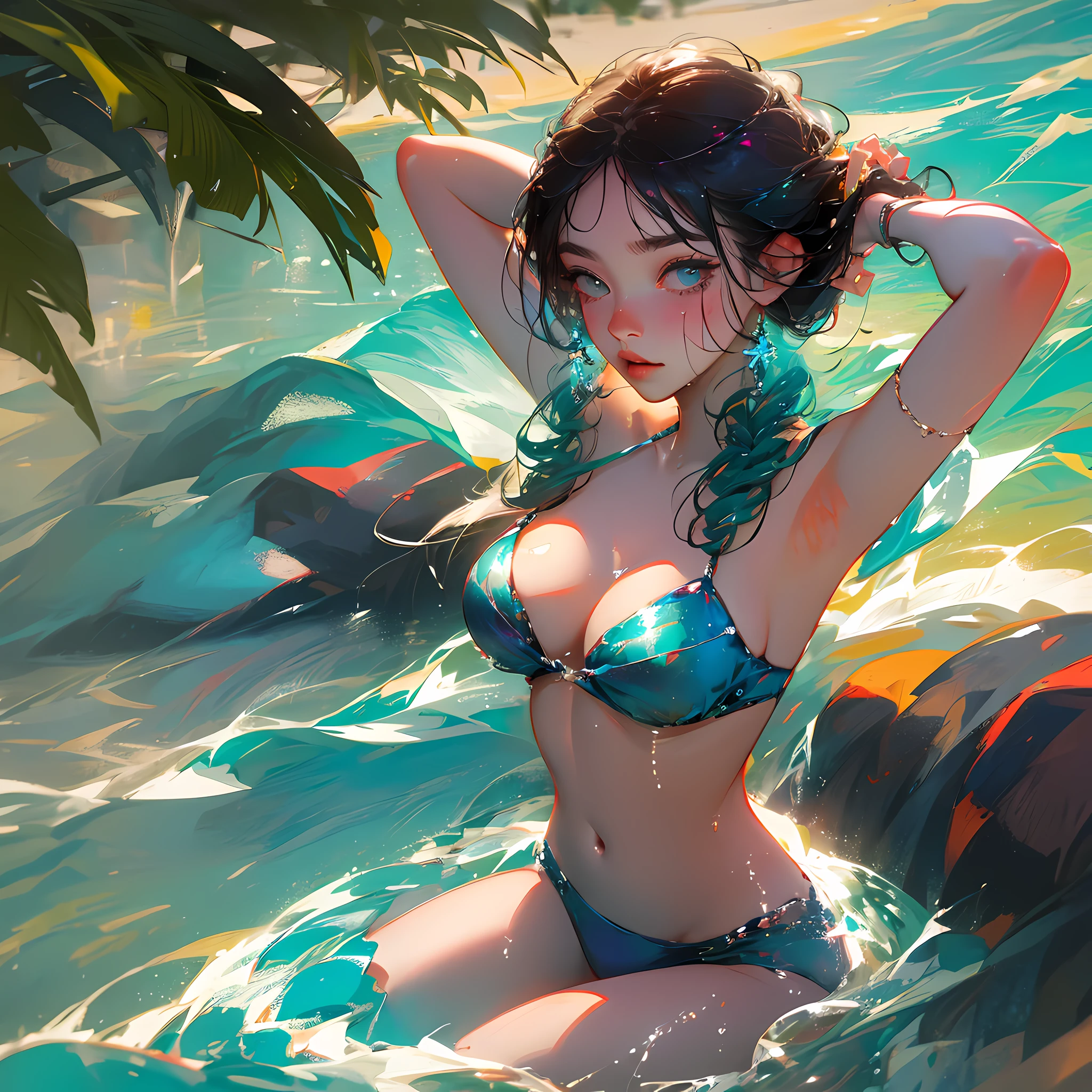 Beauty washing hair with hose, bikini, beach --auto --s2