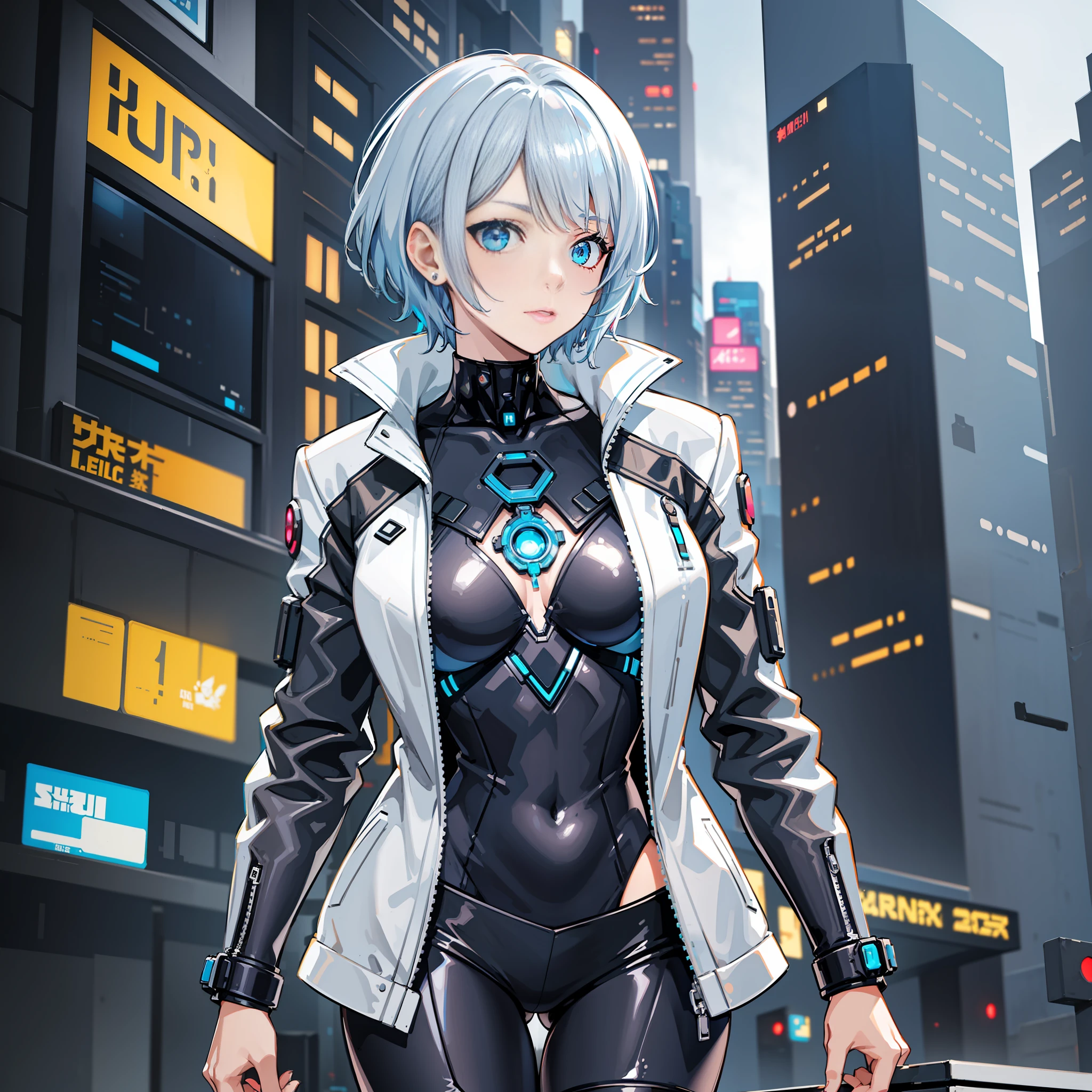 woman, stylish, sexy, silver and light blue hair, short cut, cyberpunk 2077, futuristic, black patty suit, white jacket, night, glowing, skyscraper