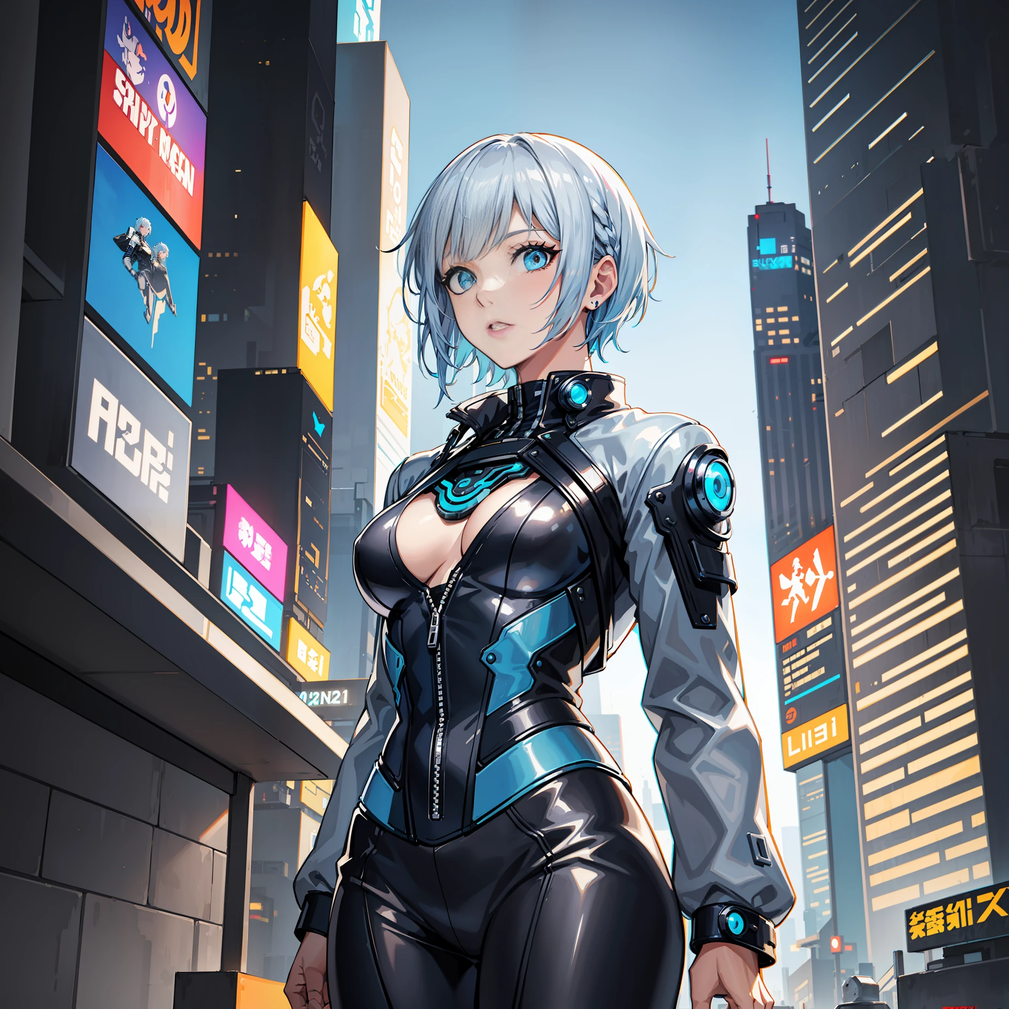 woman, stylish, sexy, silver and light blue hair, short cut, cyberpunk 2077, futuristic, black patty suit, white jacket, night, glowing, skyscraper
