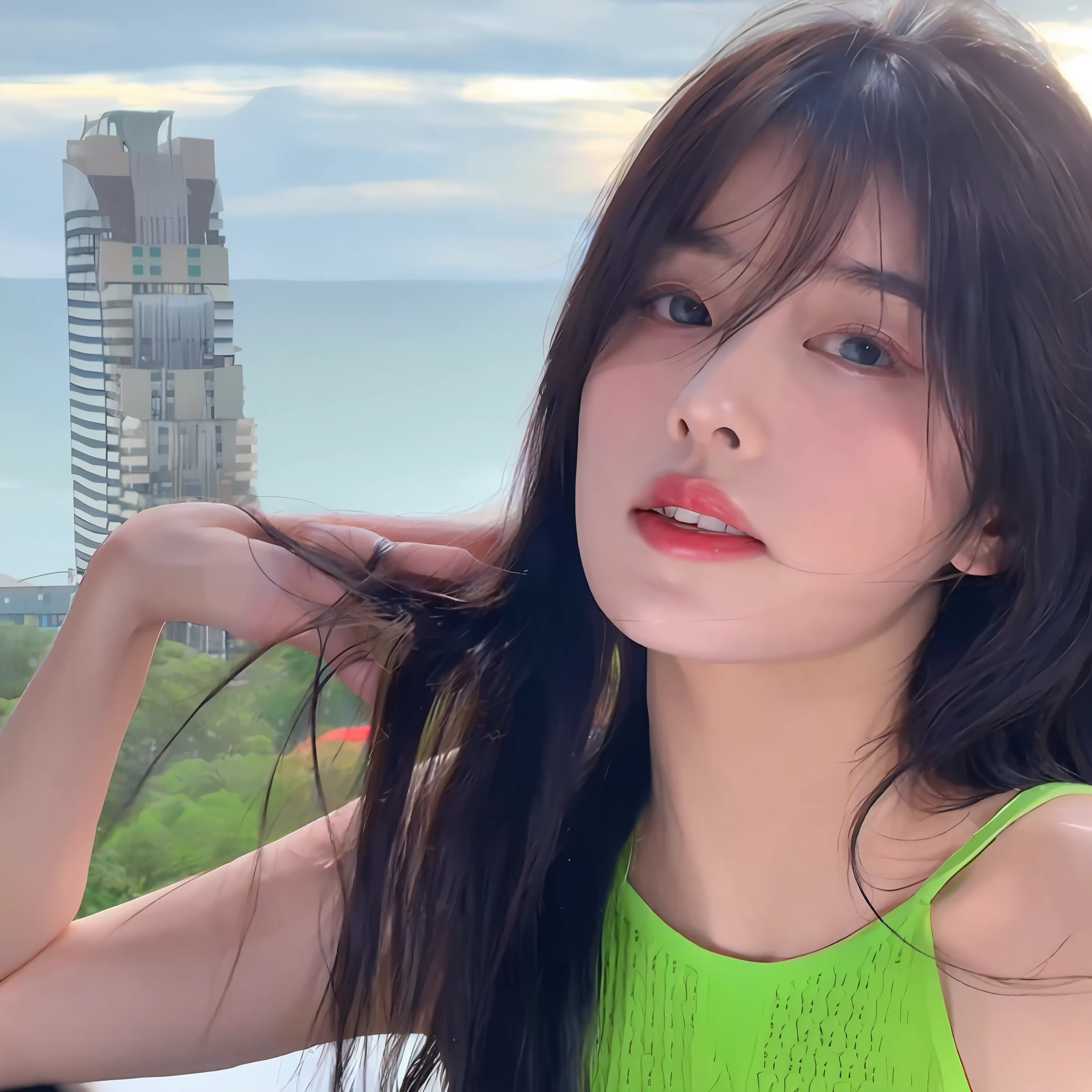 a close up of a woman with long hair wearing a green top, beautiful south korean woman, bae suzy, heonhwa choe, lalisa manobal, song hye - kyo, gorgeous young korean woman, dilraba dilmurat, beautiful young korean woman, korean girl, she has black hair with bangs, with bangs, taejune kim