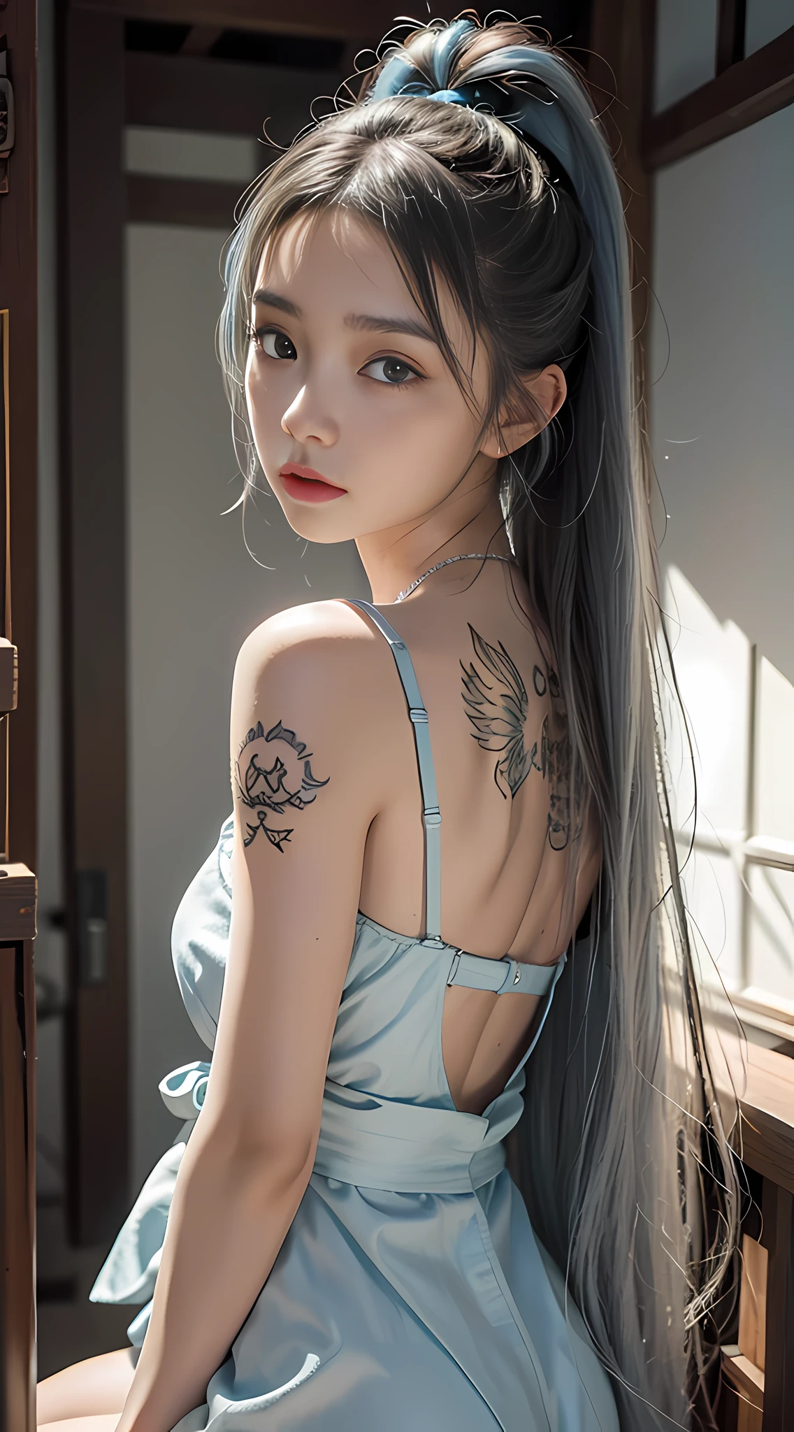 HD 3D art, full of real warmth in 3D animation style, close-up (1 female), feminine pose, hair dyed light blue beauty, in addition to tattoos delicately depicted all over the body, the light of the horizon stacked in landscape mode, will remind you of CGSCOSITY's tattoo expert designs, there are some masterpieces like Guweiz and James Jean, a beautiful girl, fashionable, sexy, with her life as a canvas, The realistic style that is widely respected in Japan's fashion and art circles is also a hot topic.